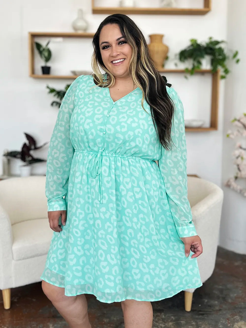 Double Take Full Size Printed Ruched V-Neck Long Sleeve Dress - Roe Creation