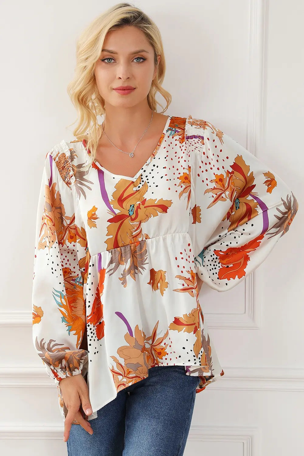 Printed V-Neck Smocked Balloon Sleeve Blouse - Roe Creation