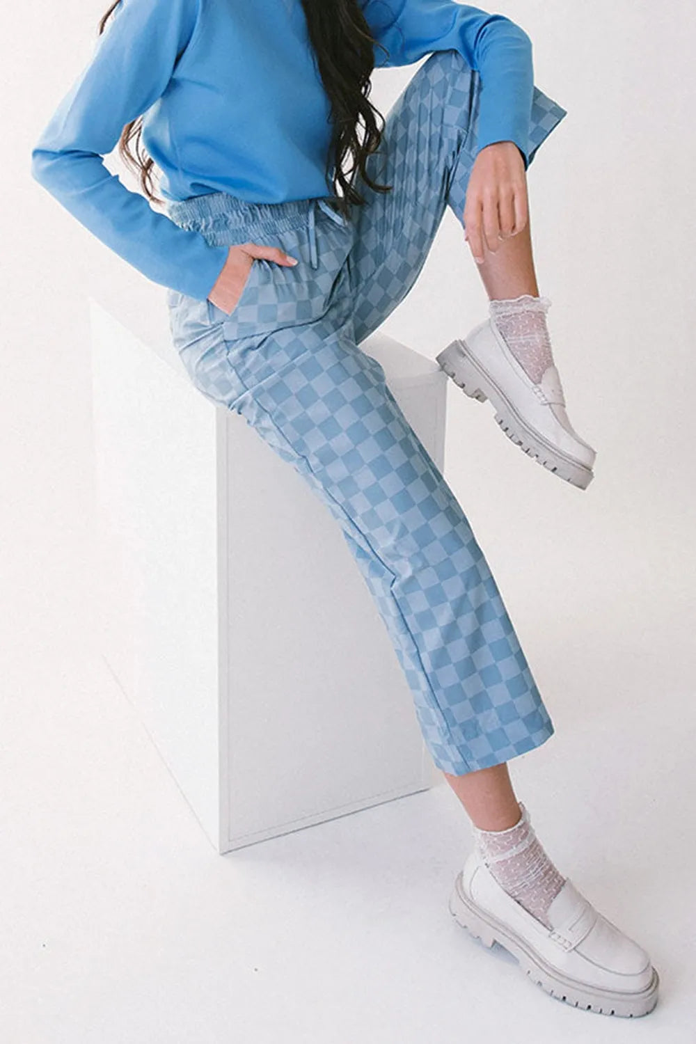 Checkered Elastic High Waist Loose Casual Pants - Roe Creation