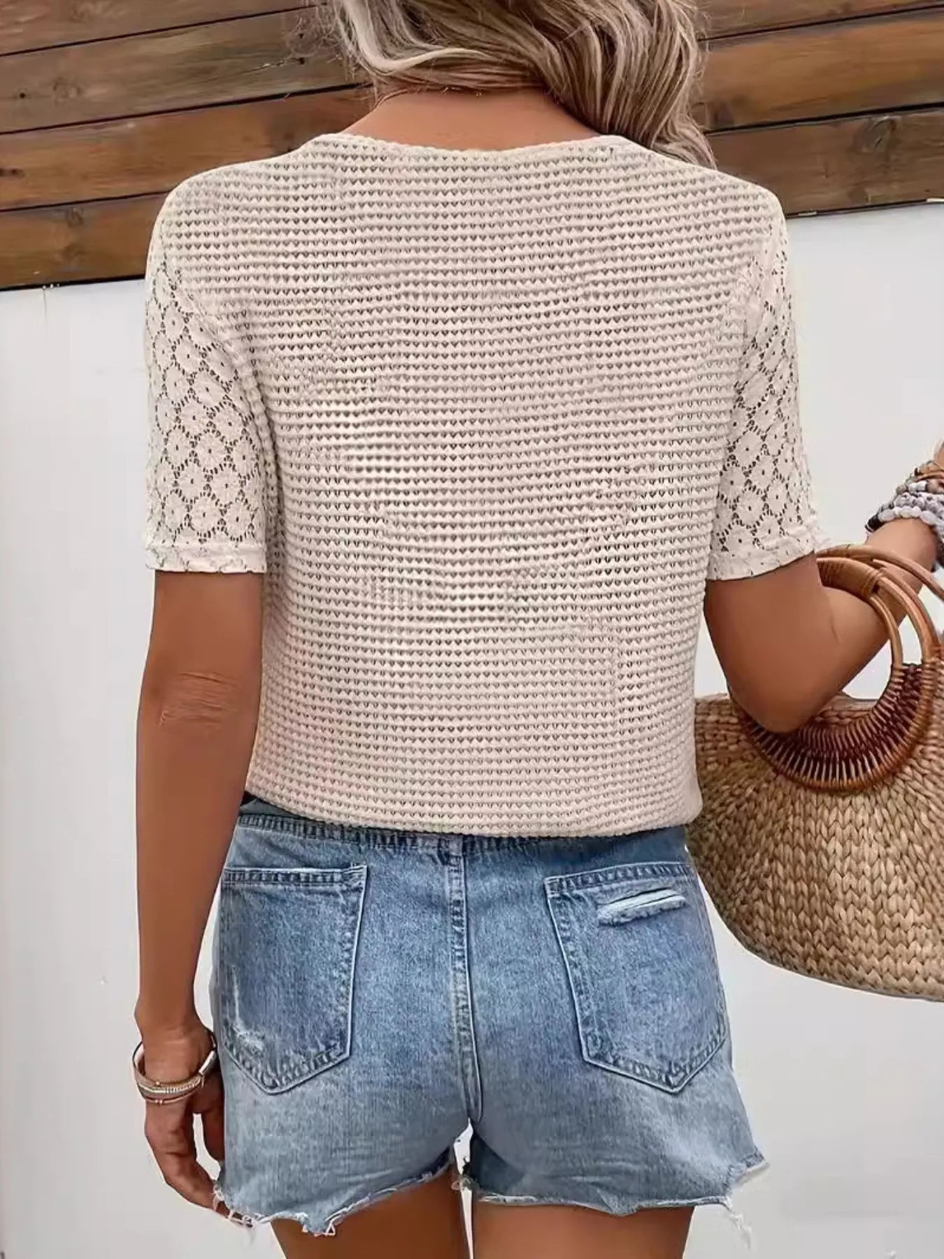 V-Neck Waffle Knit Top with Lace Sleeves - Roe Creation