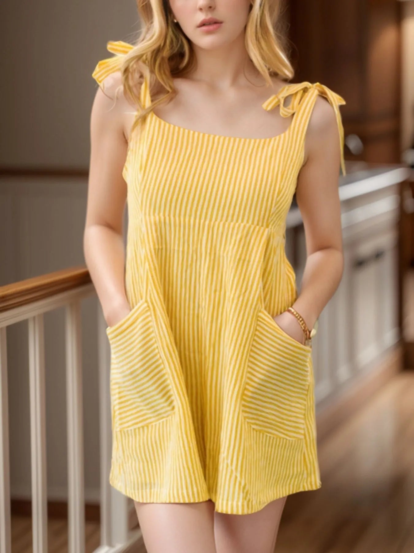 Stripe Shoulder Tie Smocked Back Casual Romper - Roe Creation
