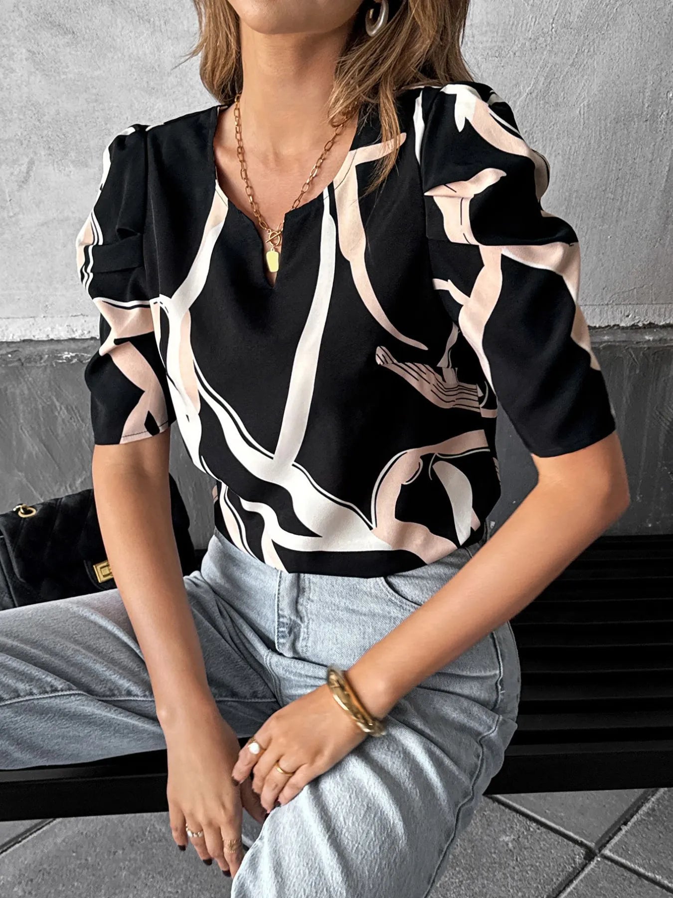 Abstract Print Puff Sleeve Notched Blouse - Roe Creation