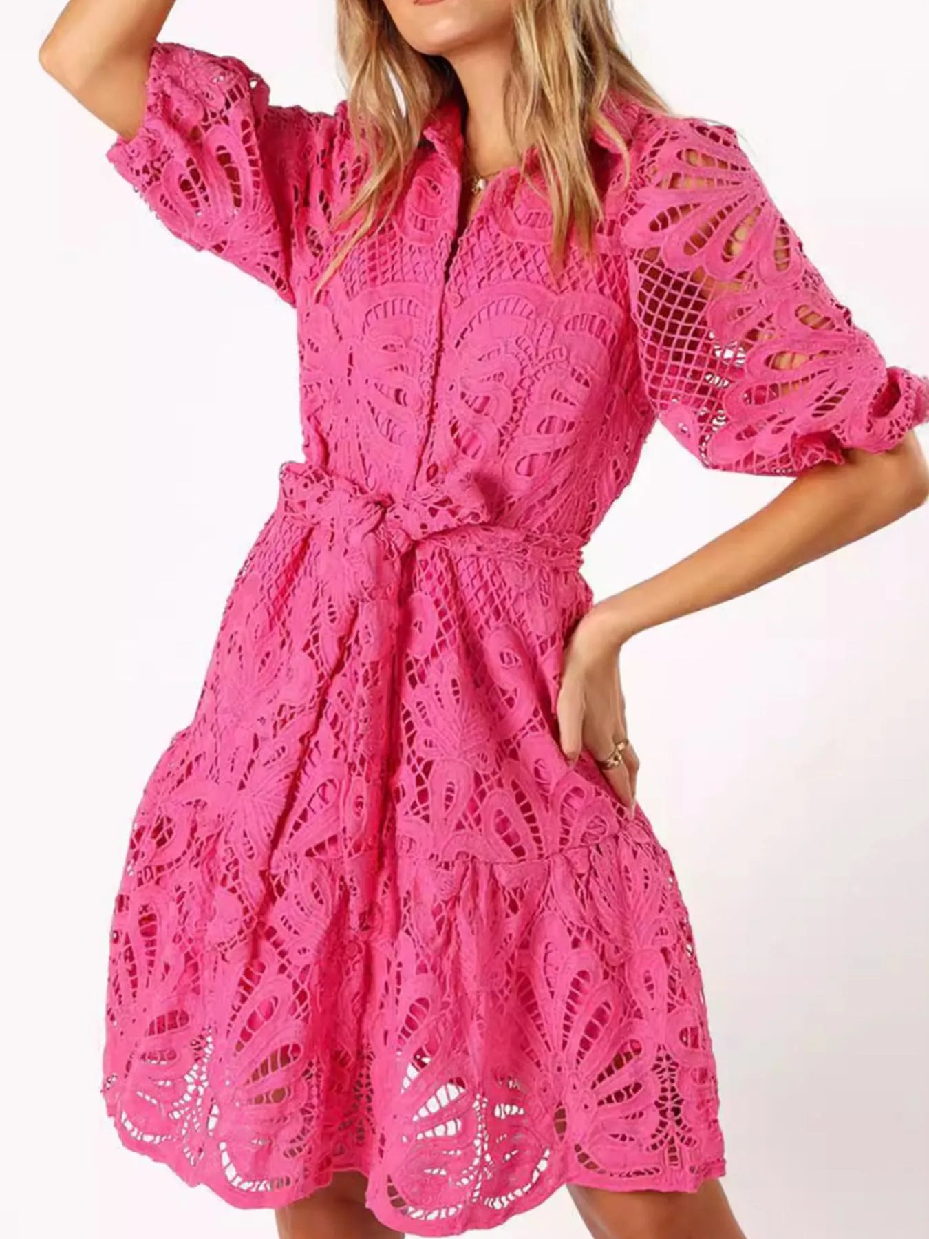 Lace Tie Waist Half Sleeve Dress - Roe Creation