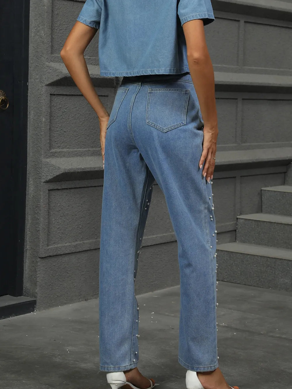 Pearl Detail Straight Jeans with Pockets - Roe Creation
