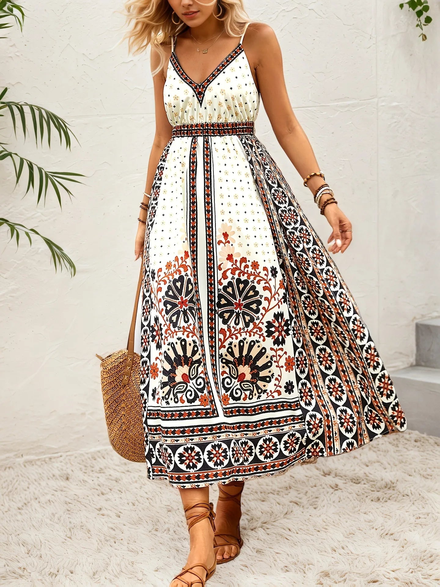 Printed V-Neck Midi Cami Dress - Roe Creation