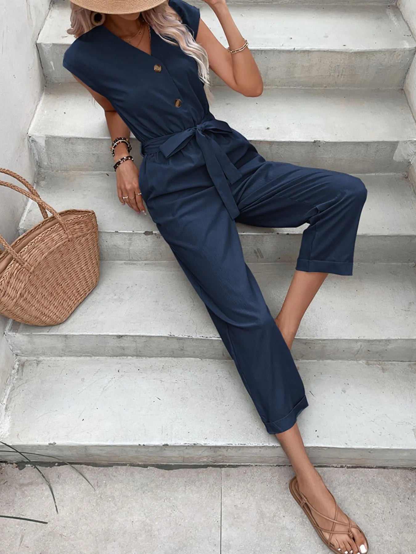 Button-Front Tie Waist Jumpsuit - Roe Creation
