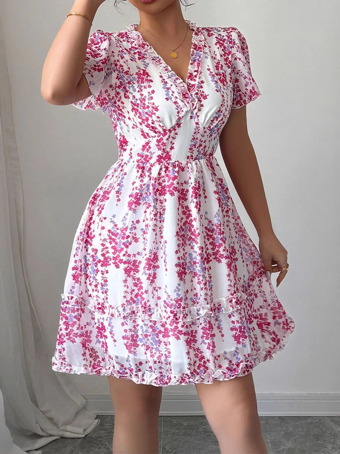 Floral Wrap Dress with Flutter Sleeves - Roe Creation