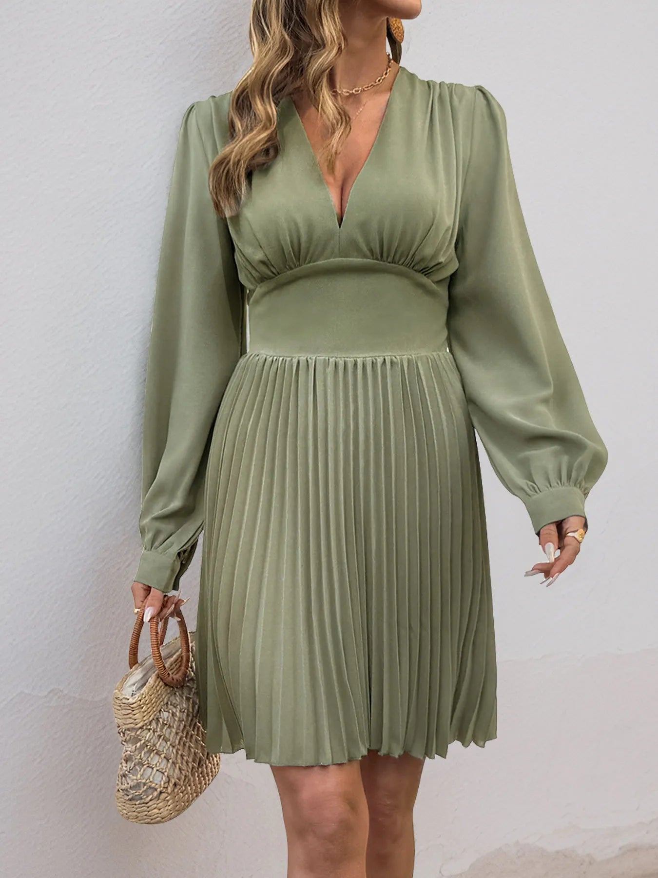 Pleated Long Sleeve V-Neck Dress - Roe Creation