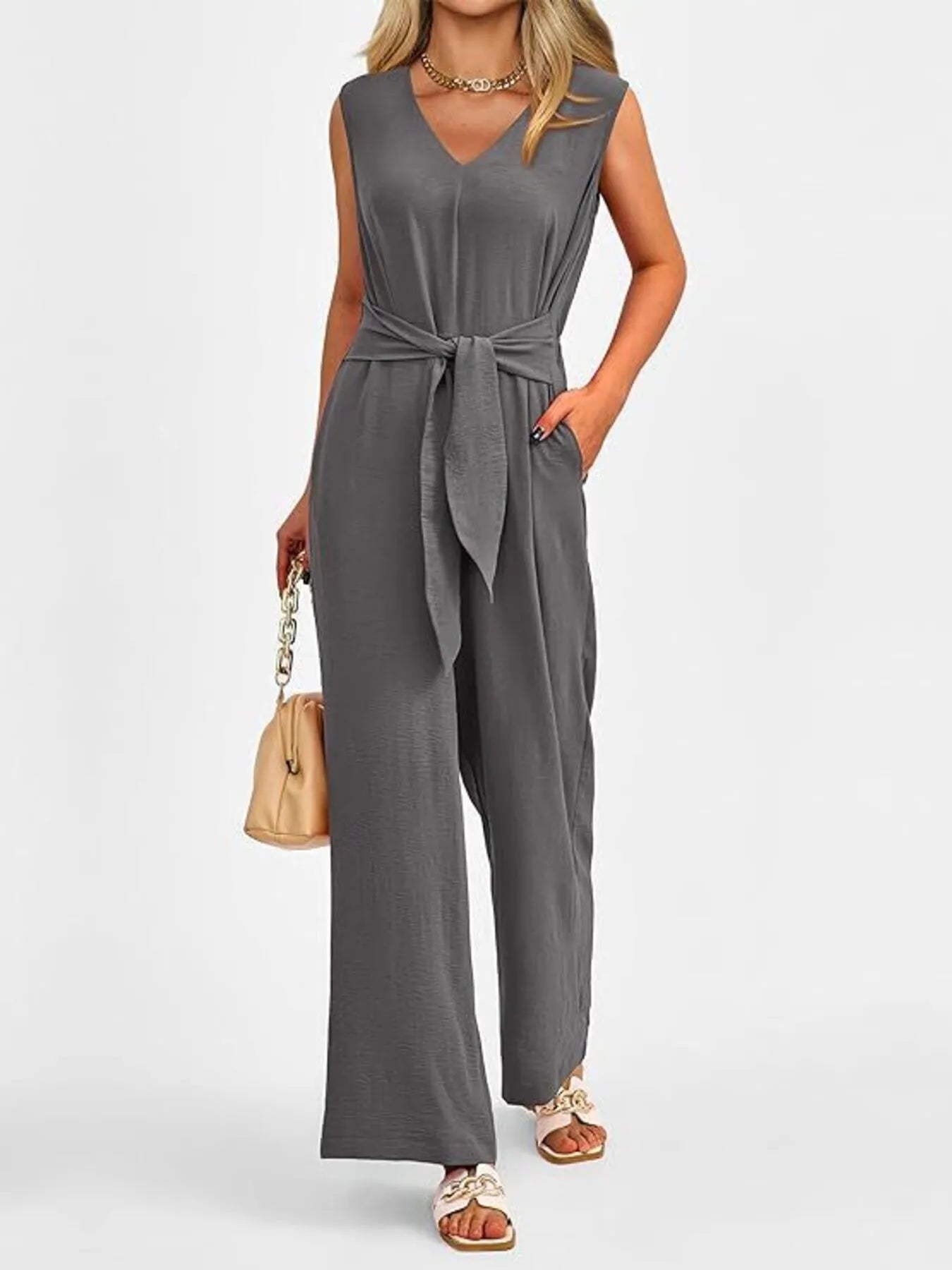 V-Neck Sleeveless Wide-Leg Jumpsuit with Waist Tie - Roe Creation
