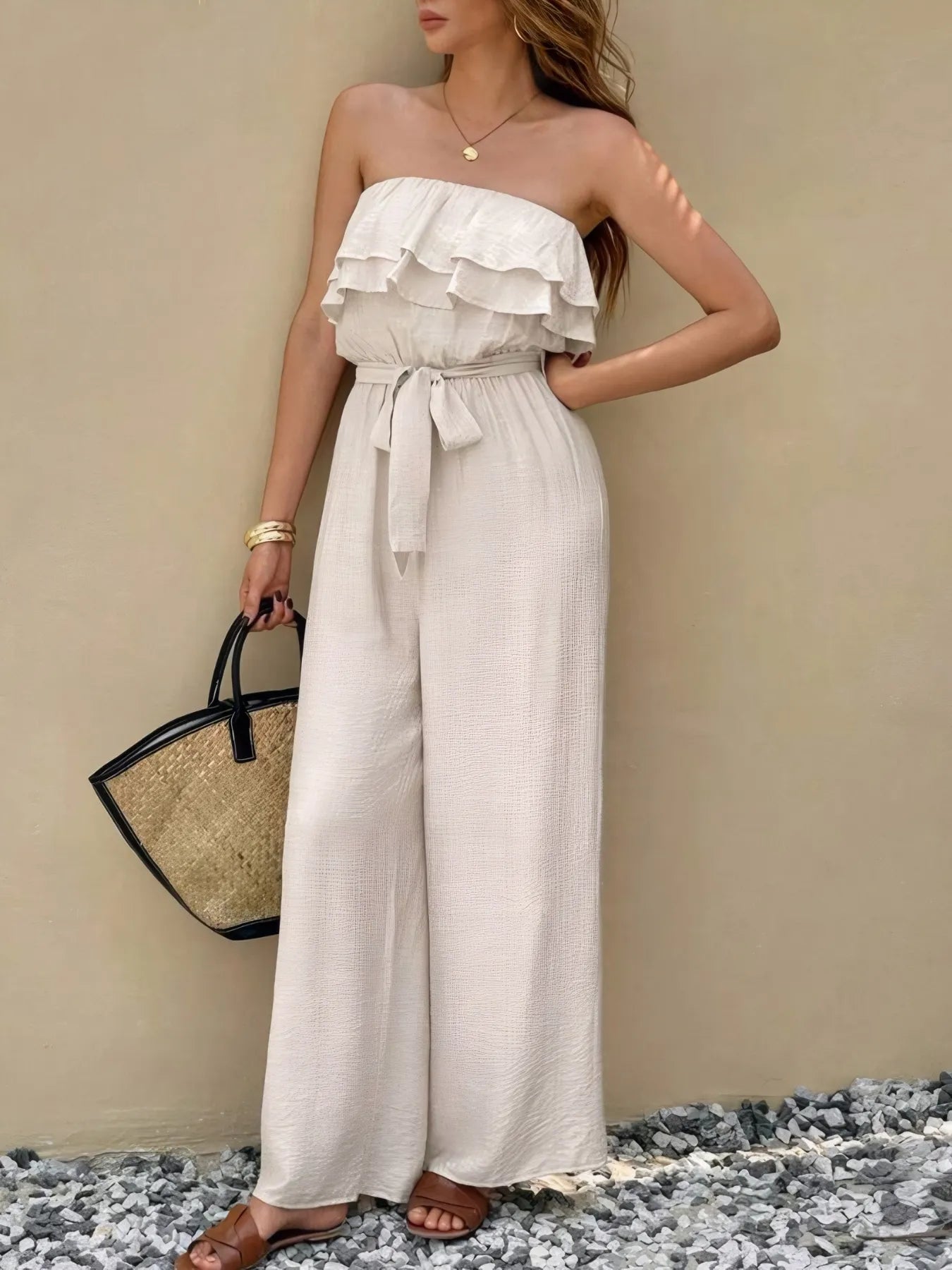 Off-Shoulder Ruffled Wide Leg Jumpsuit - Roe Creation