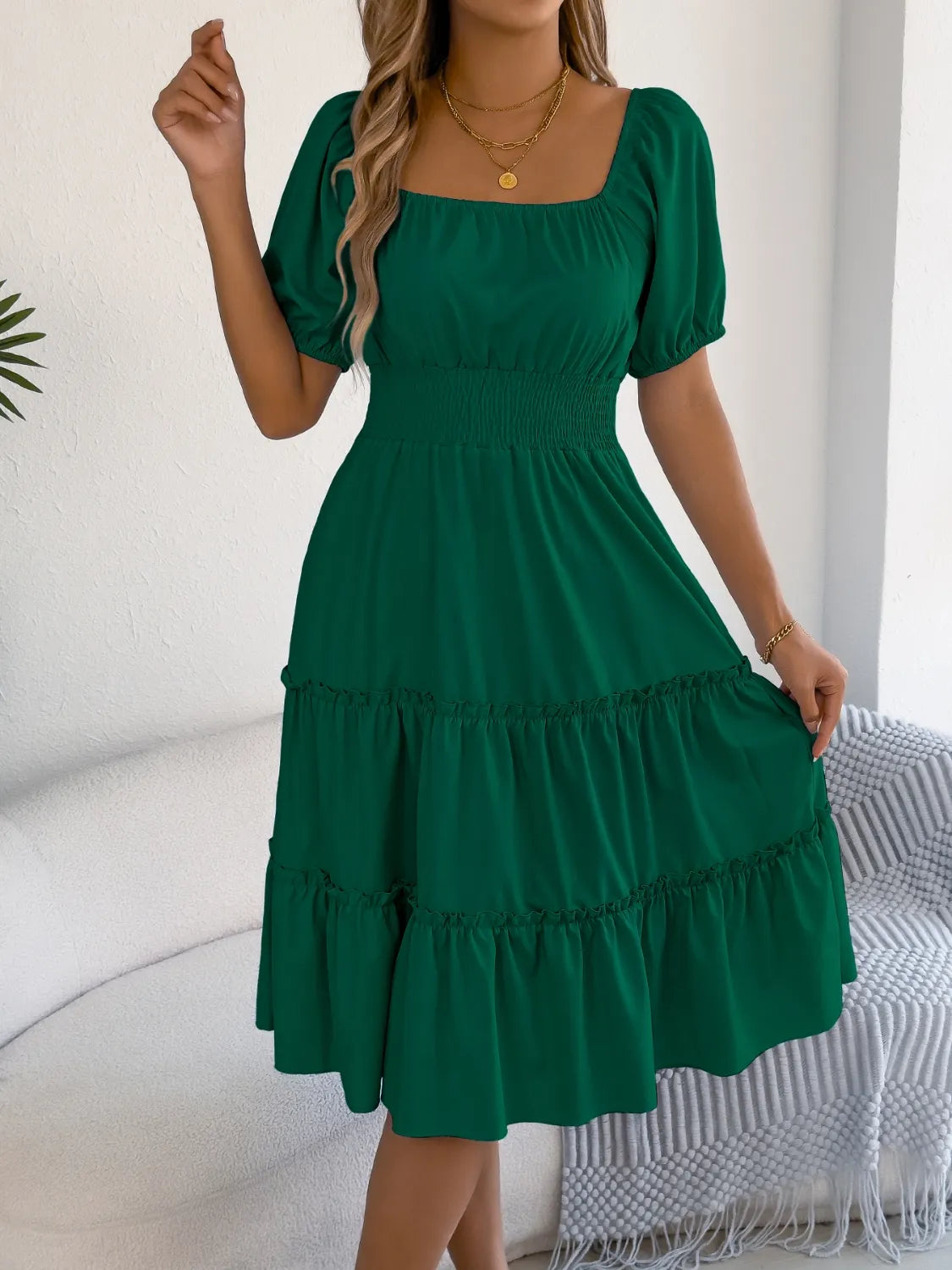 Square Neck Short Puff Sleeve Dress - Roe Creation