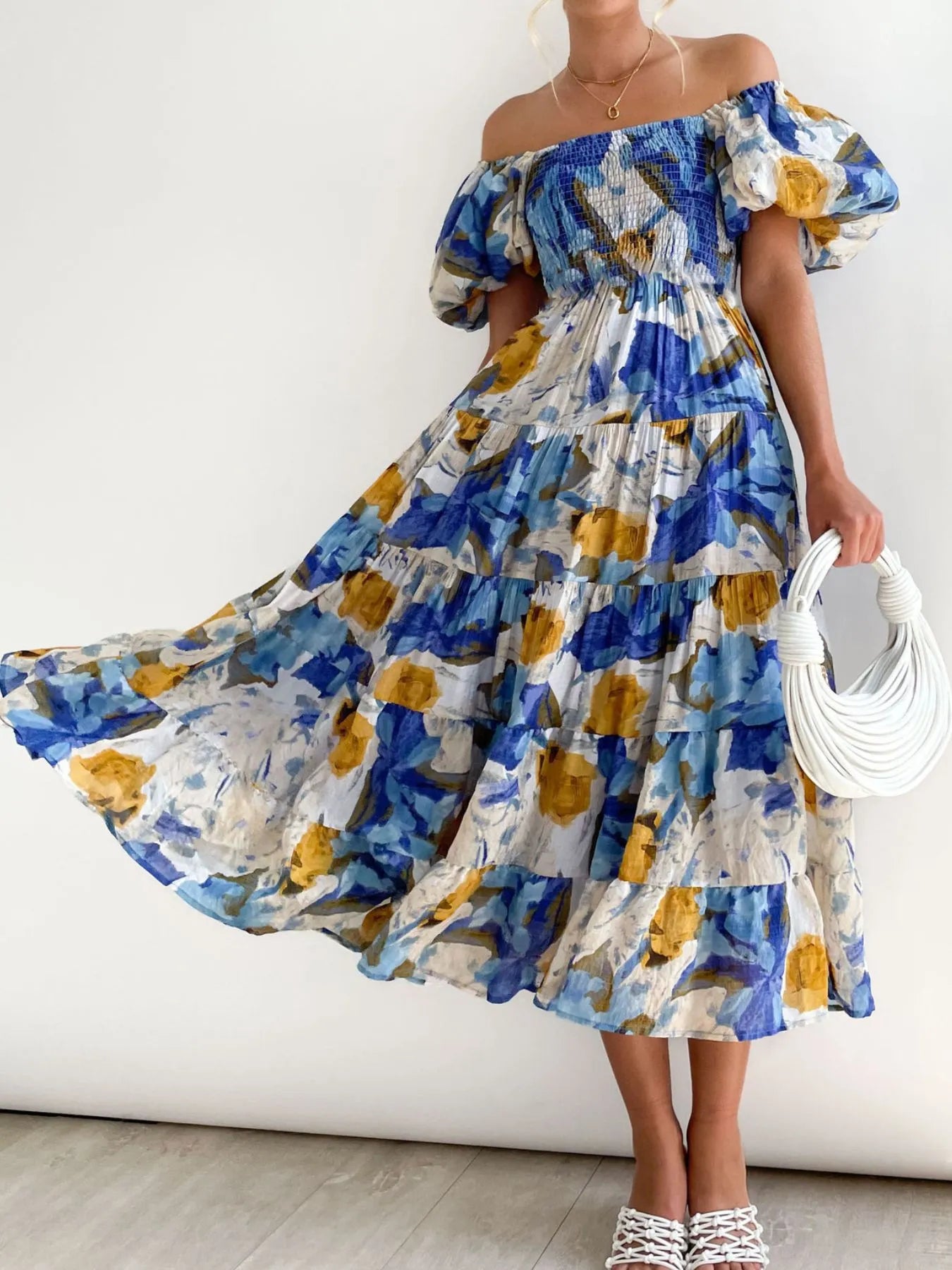 Floral Smocked Puff Sleeve Tiered Dress - Roe Creation