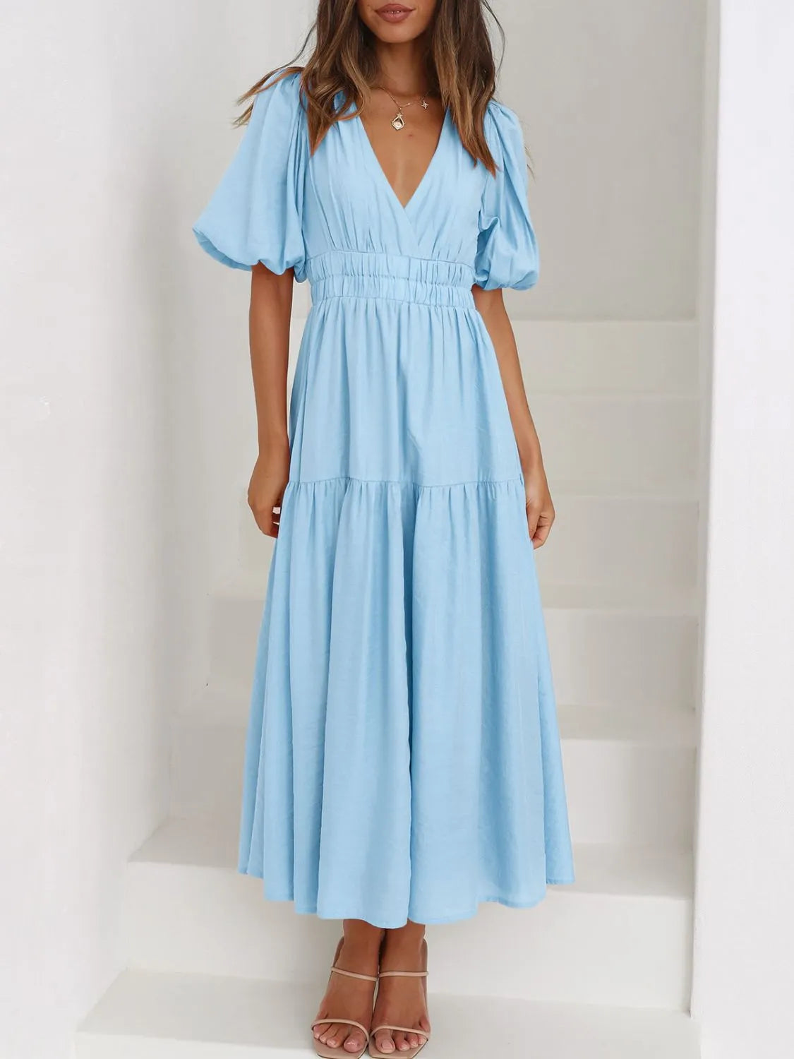 V-Neck Puff Sleeve Midi Dress - Roe Creation