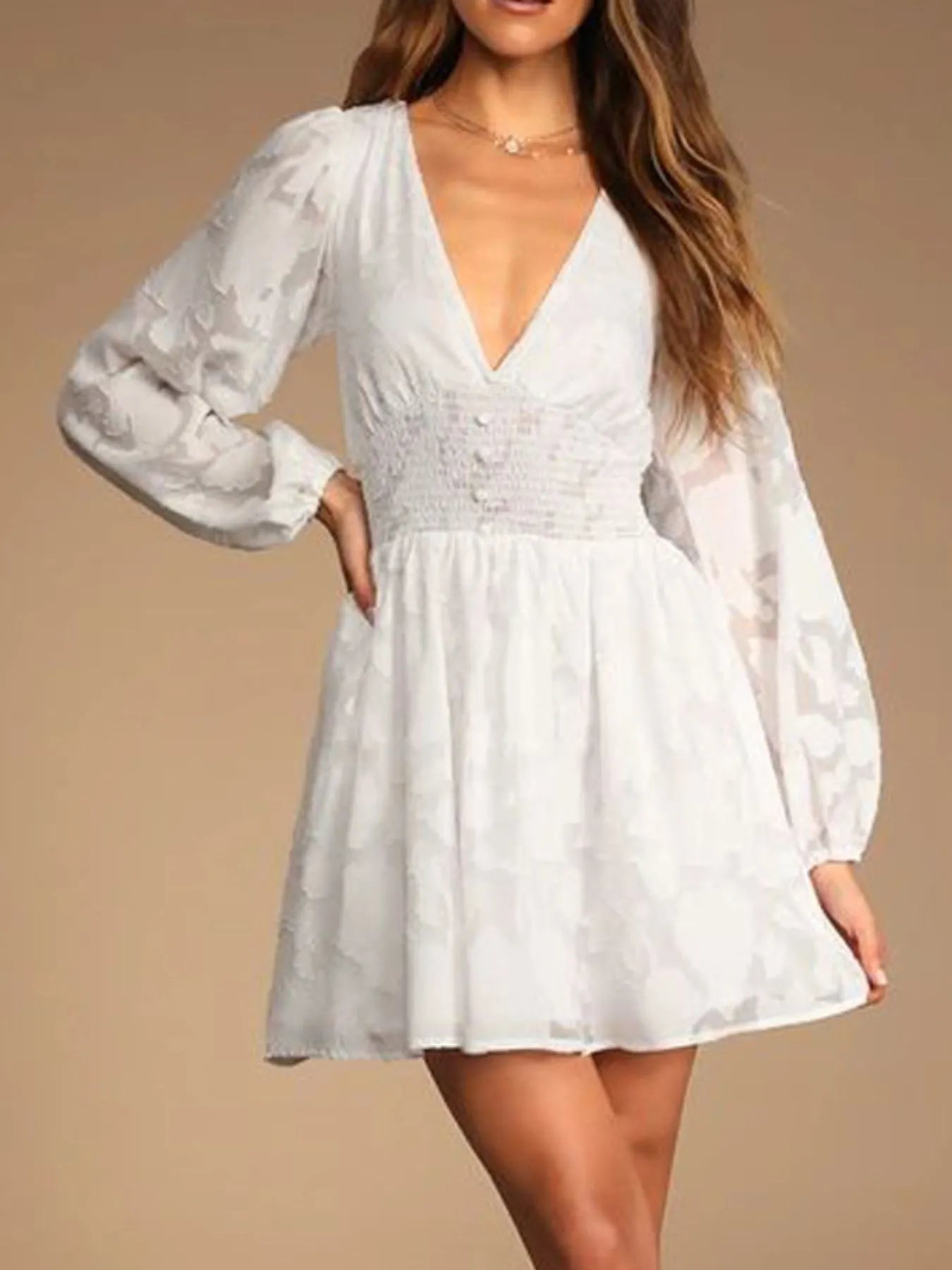 Smocked V-Neck Balloon Sleeve Dress - Roe Creation