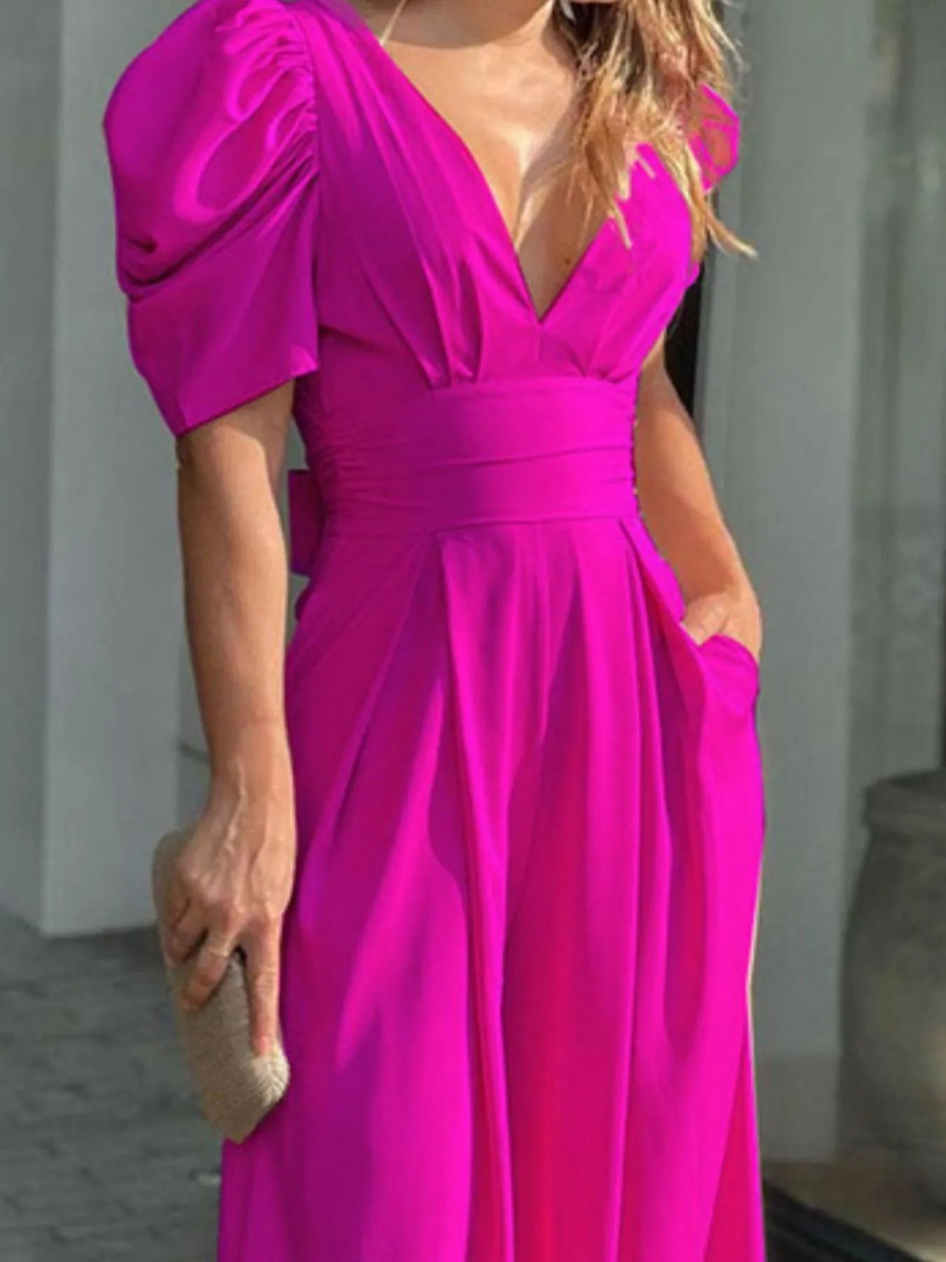 Full Size Cutout V-Neck Puff Sleeve Jumpsuit Plus Size - Roe Creation