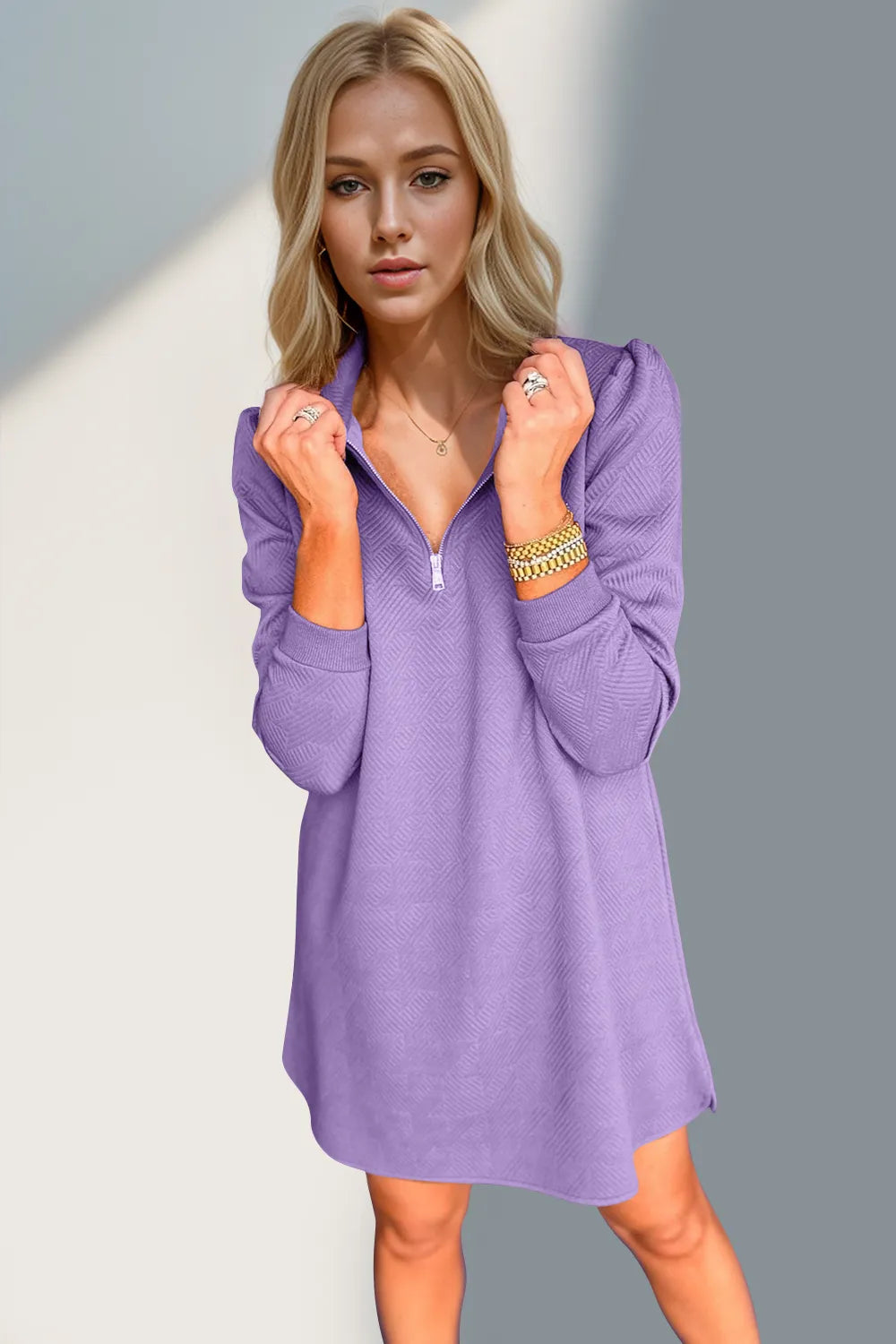 Double Take Textured Quarter Zip Long Sleeve Dress - Roe Creation