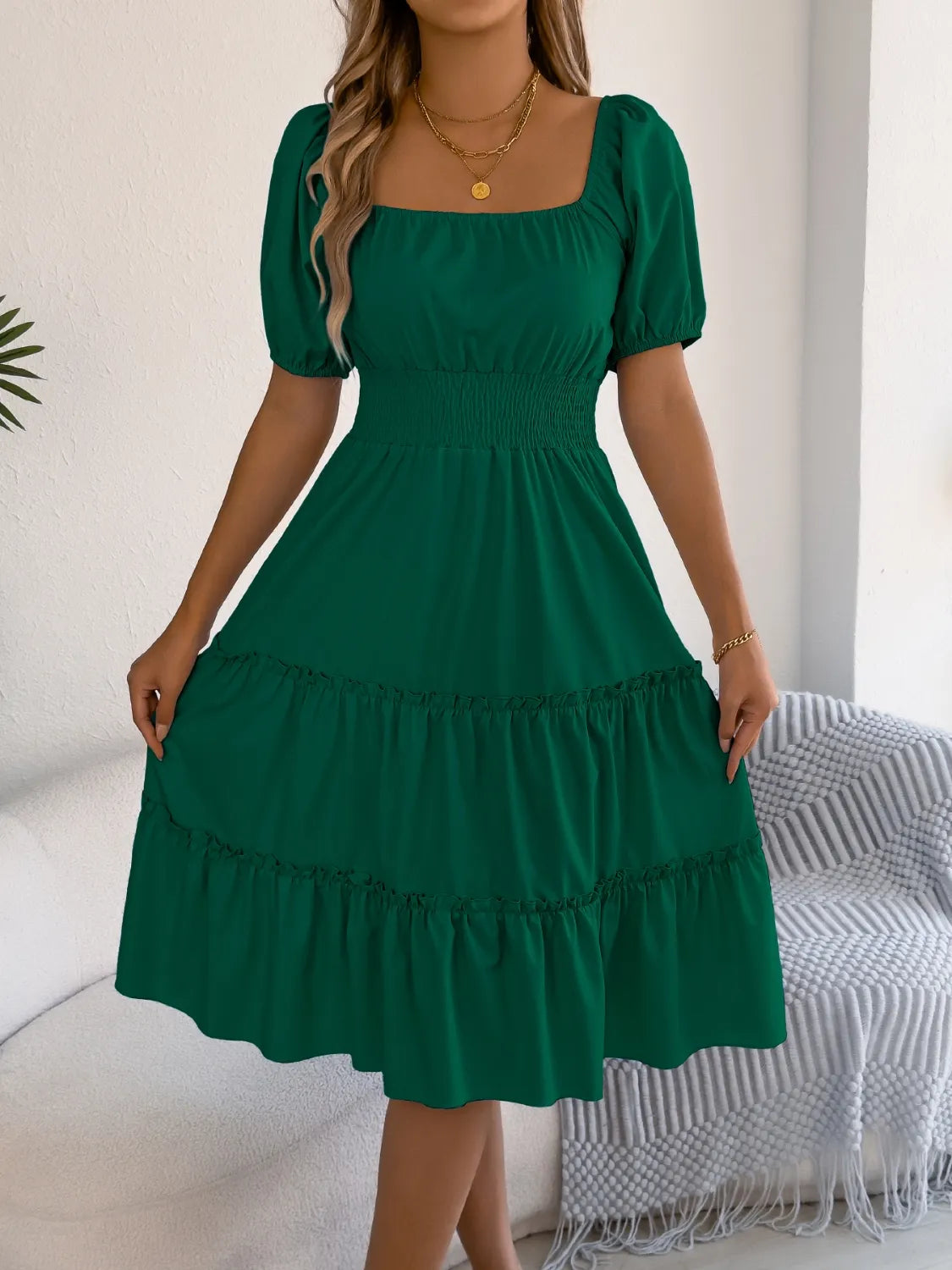 Square Neck Short Puff Sleeve Dress - Roe Creation