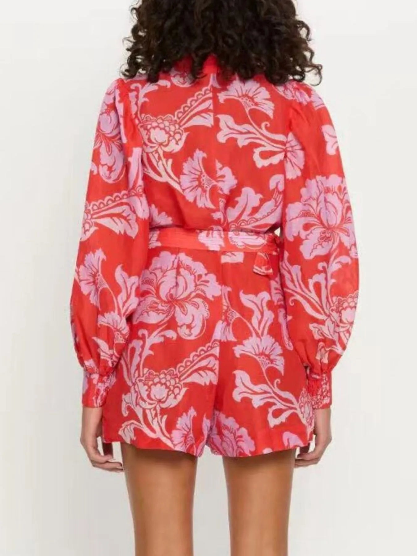 Printed Long Sleeve Belted Romper - Roe Creation