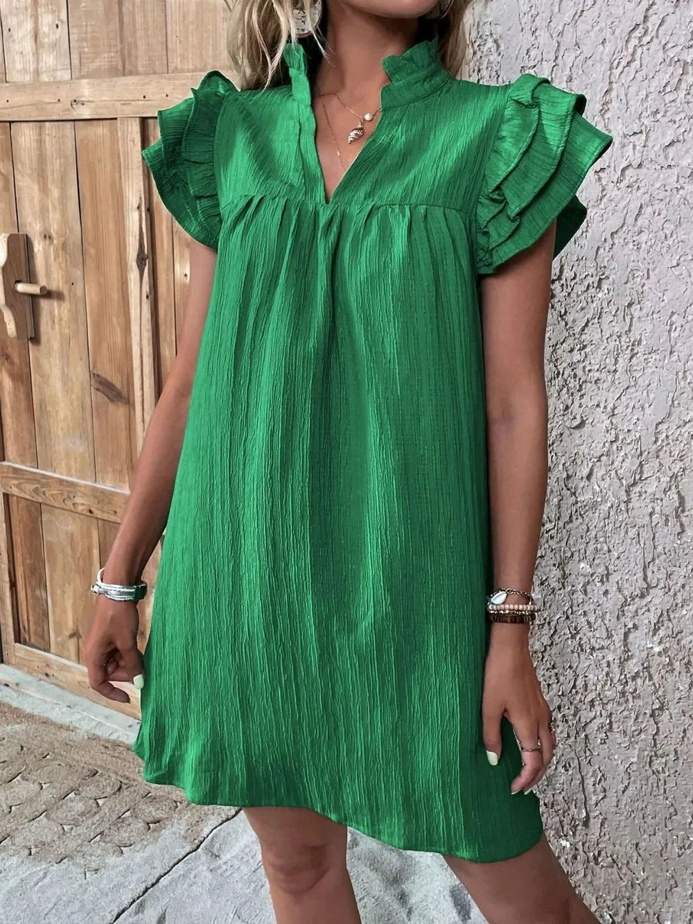Ruffled Notched Cap Sleeve Mini Dress - Roe Creation