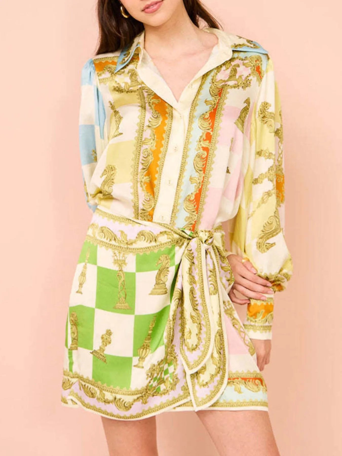 Printed Lantern Sleeve Shirt Dress - Roe Creation