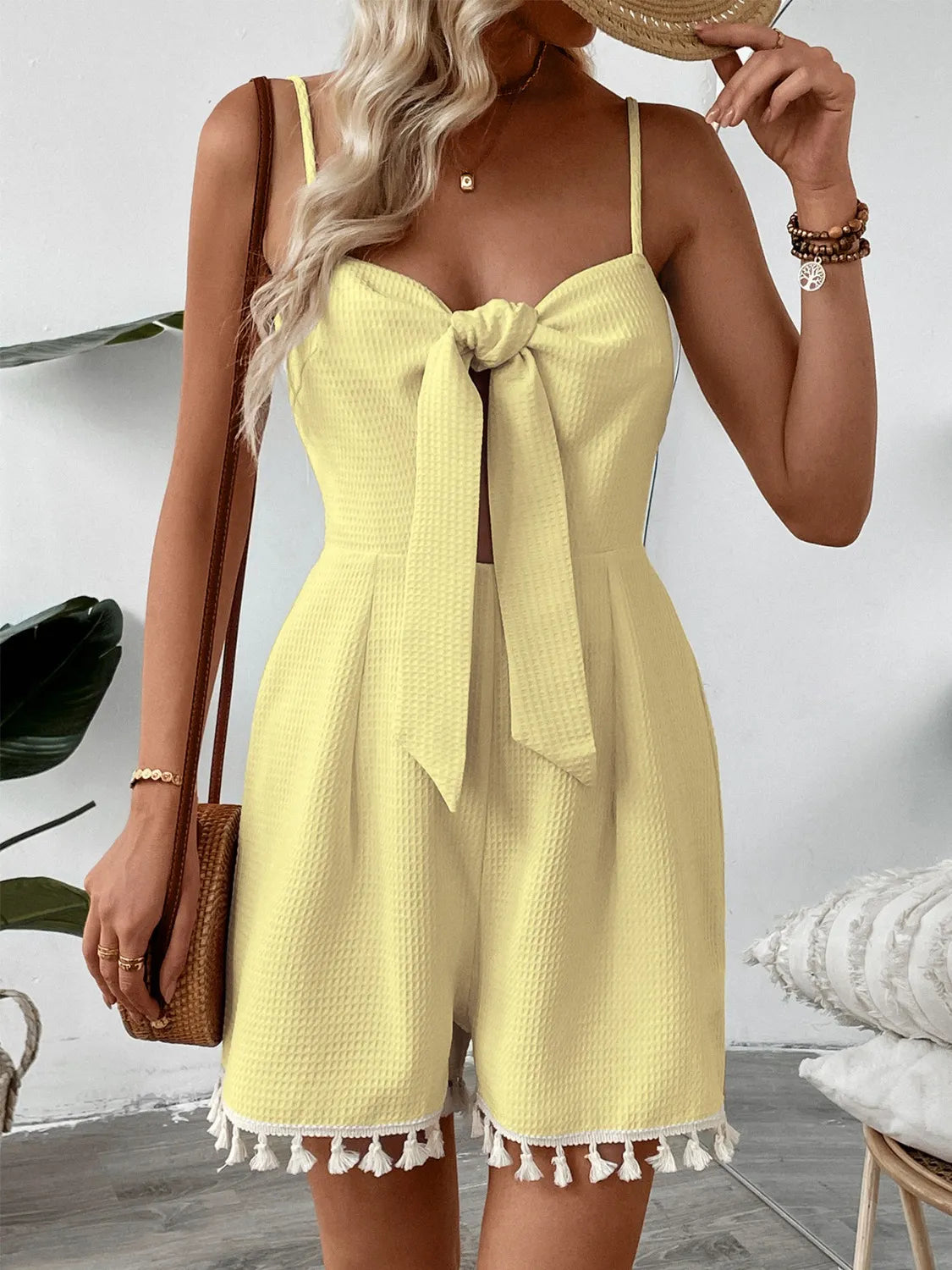 Tie-Front Textured Romper with Tassel Hem - Roe Creation