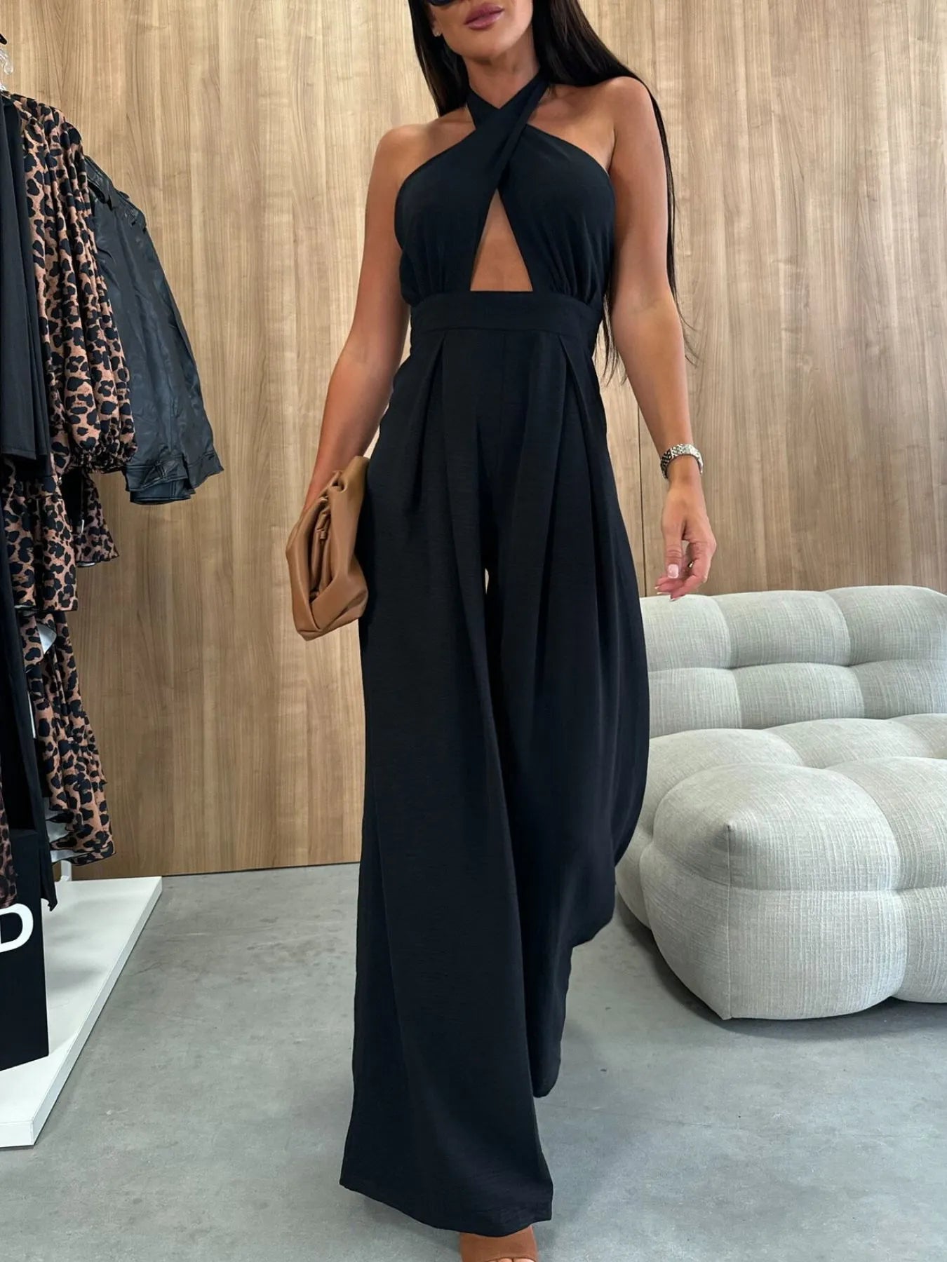 Wide Leg Cutout Halter Neck Jumpsuit - Roe Creation