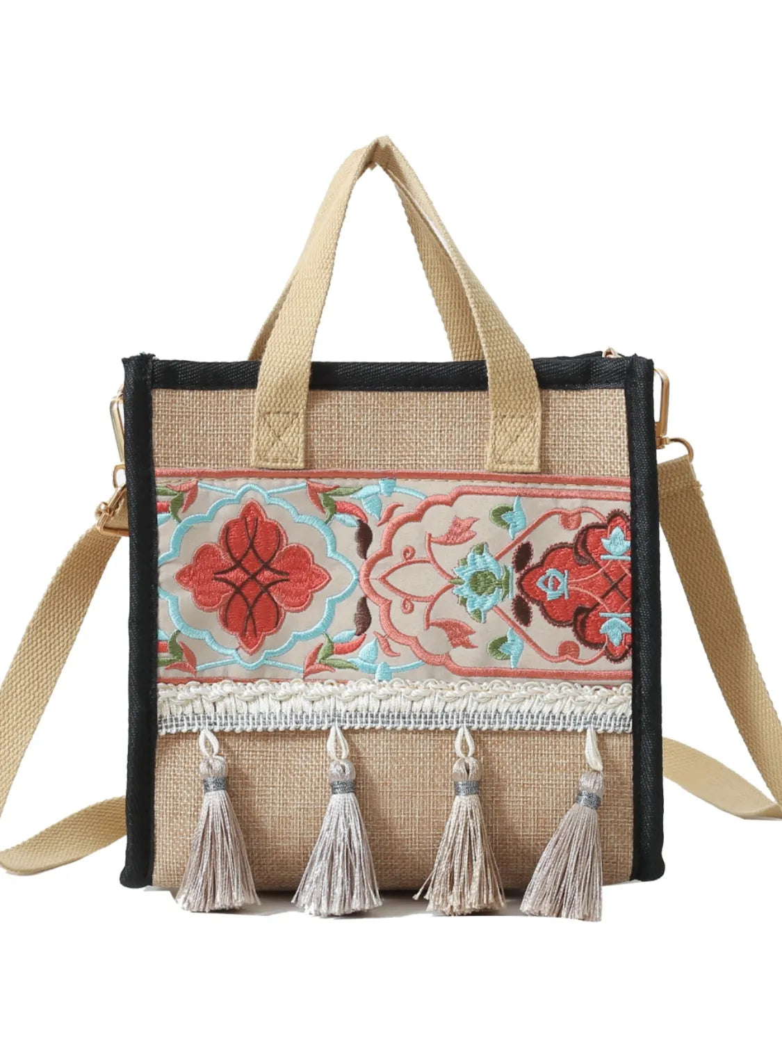 Vintage Embroidered Handbag with Tassel and Canvas Strap - Roe Creation