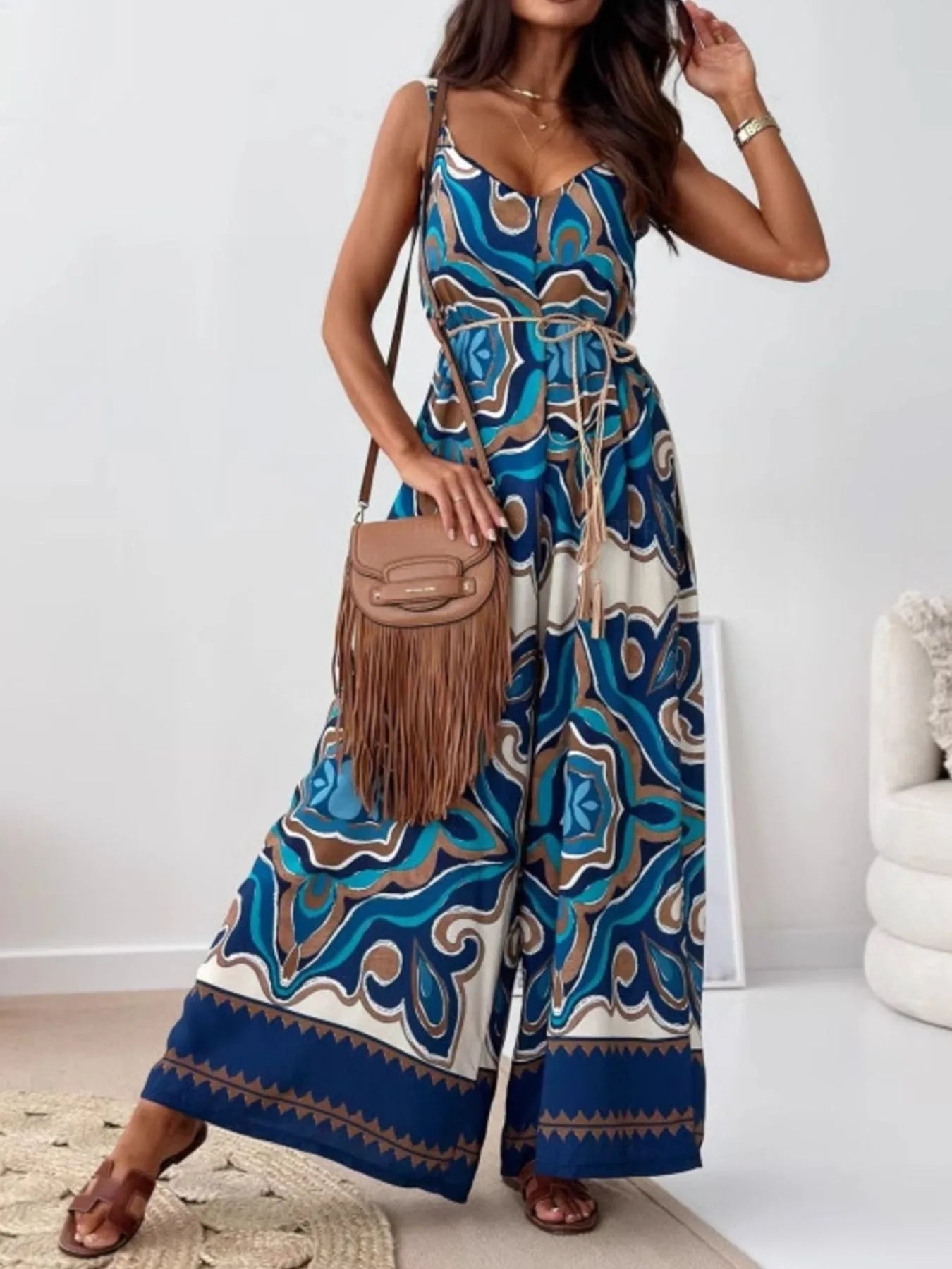 Paisley Print Spaghetti Strap Wide Leg Jumpsuit - Roe Creation