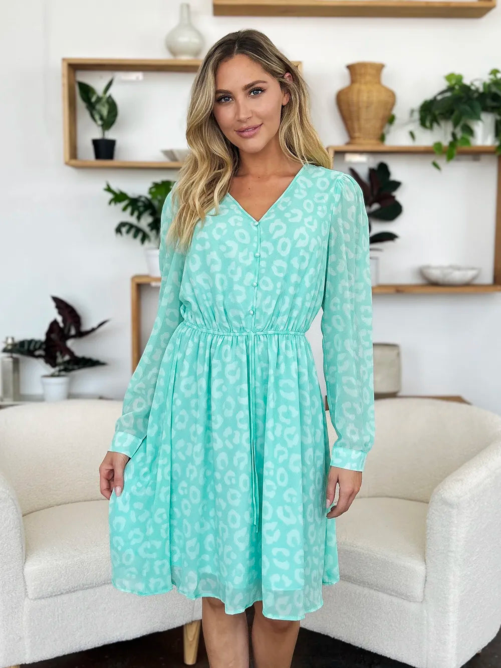 Double Take Full Size Printed Ruched V-Neck Long Sleeve Dress - Roe Creation