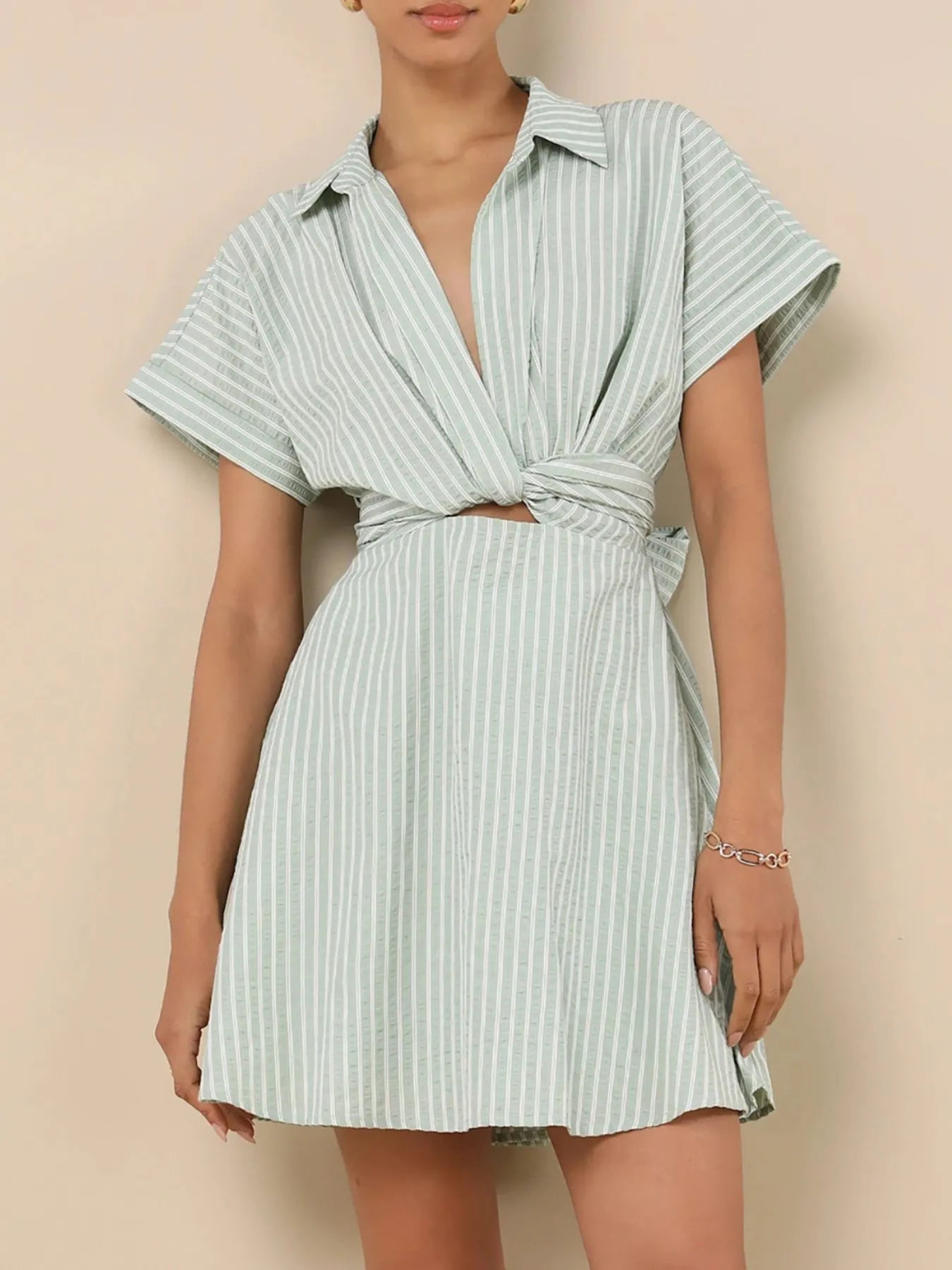 Striped Cutout Front Short Sleeve Shirt Dress - Roe Creation