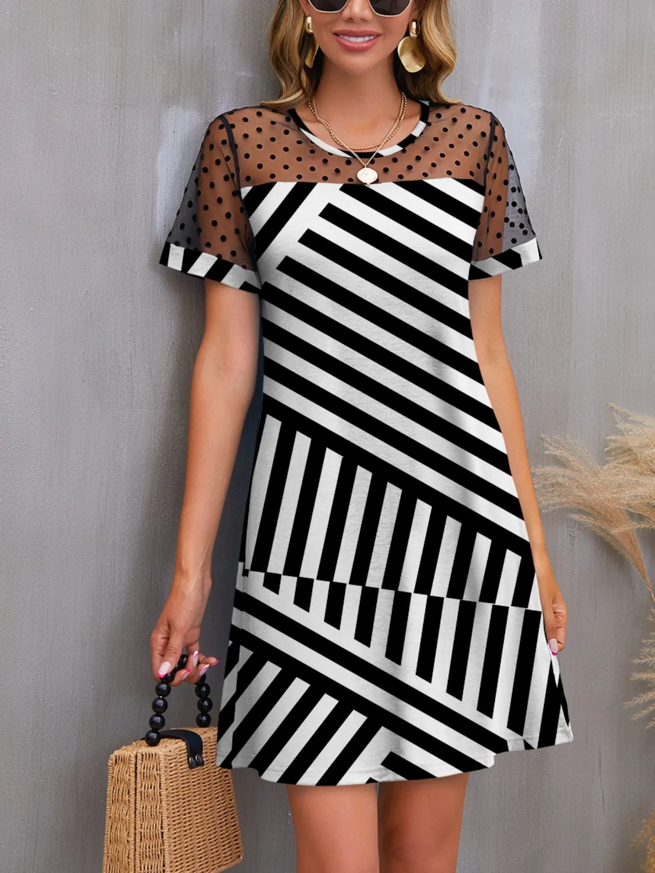 Mesh Polka Dot Striped Casual Dress - Roe Creation