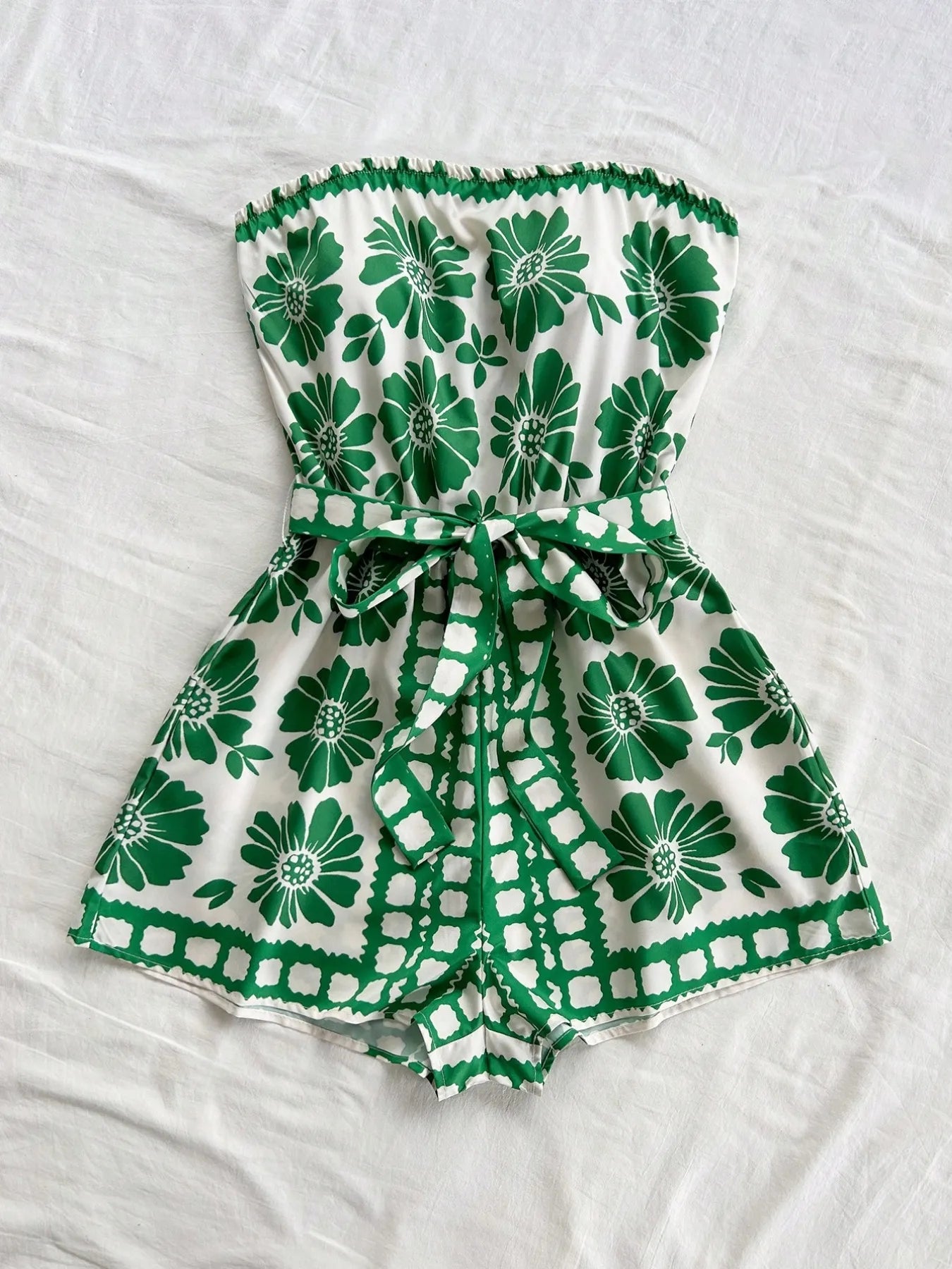 Printed Tube Tie Waist Romper - Roe Creation