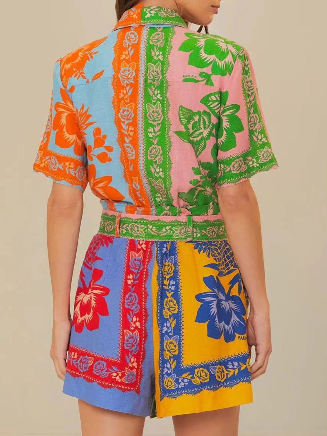 Printed Short Sleeve Tie Waist Romper - Roe Creation