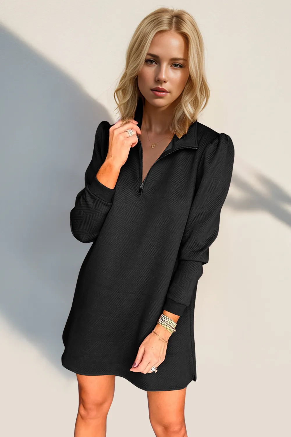 Double Take Textured Quarter Zip Long Sleeve Dress - Roe Creation