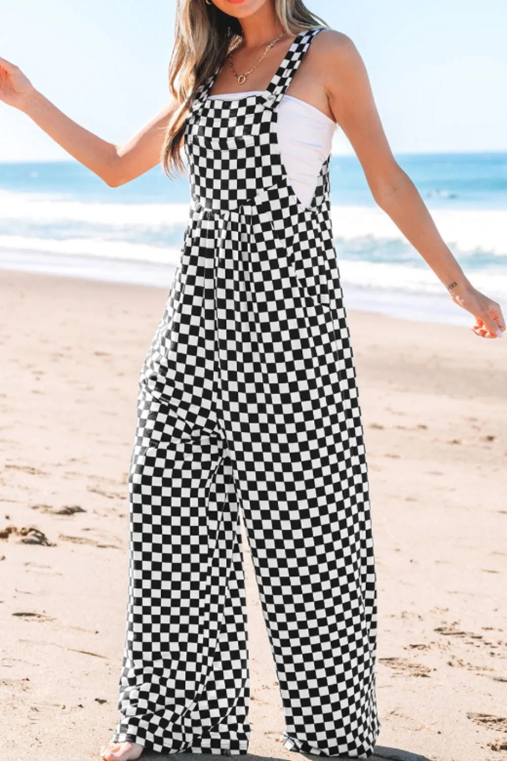 Checkered Print Pocketed Wide Leg Jumpsuit - Roe Creation