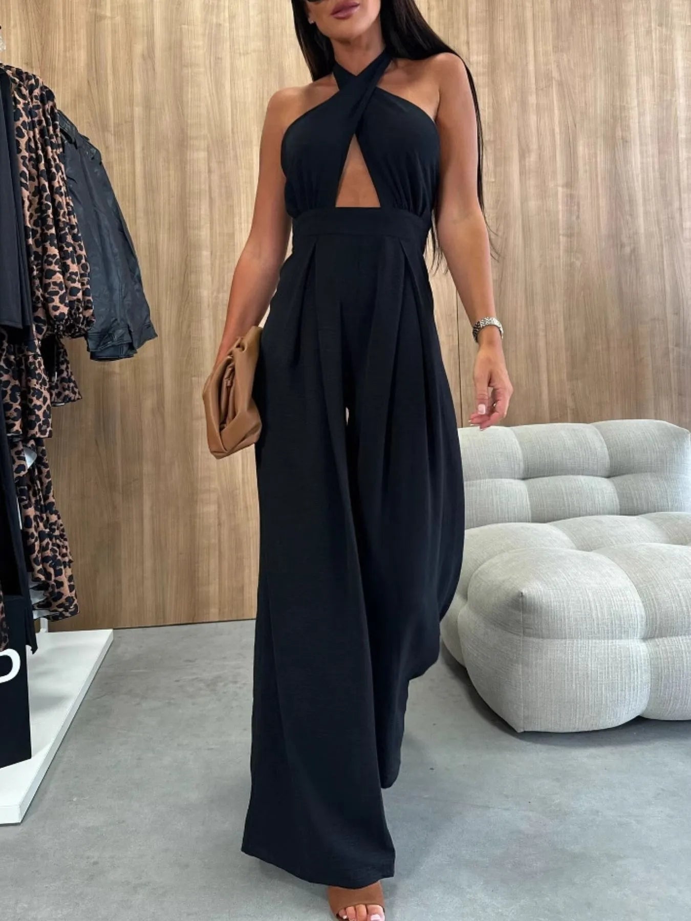 Wide Leg Cutout Halter Neck Jumpsuit - Roe Creation