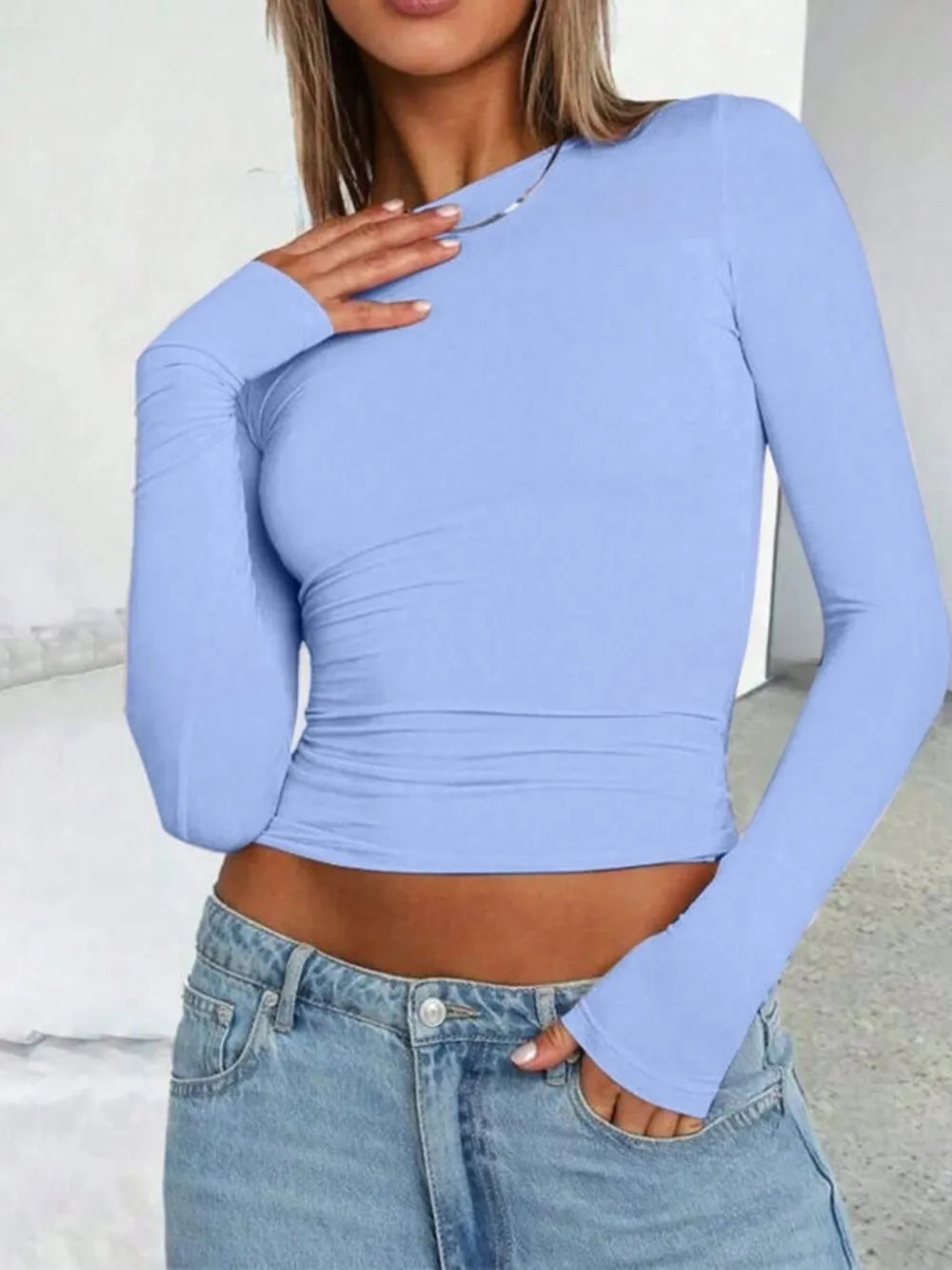 Solid Color Round Neck Long Sleeve T-Shirt - Roe Creation