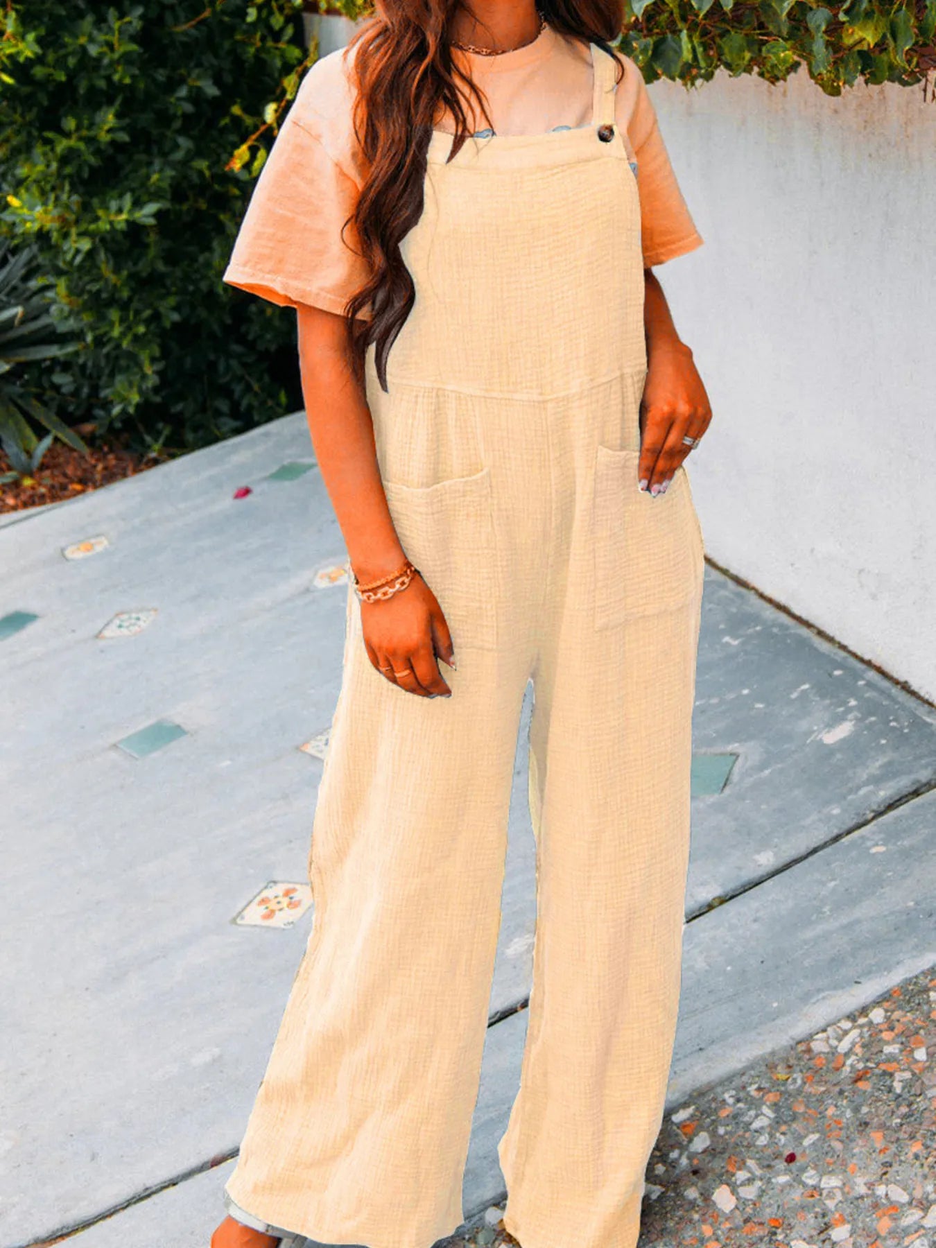 Full Size Casual Wide Leg Textured Overalls Plus Size - Roe Creation