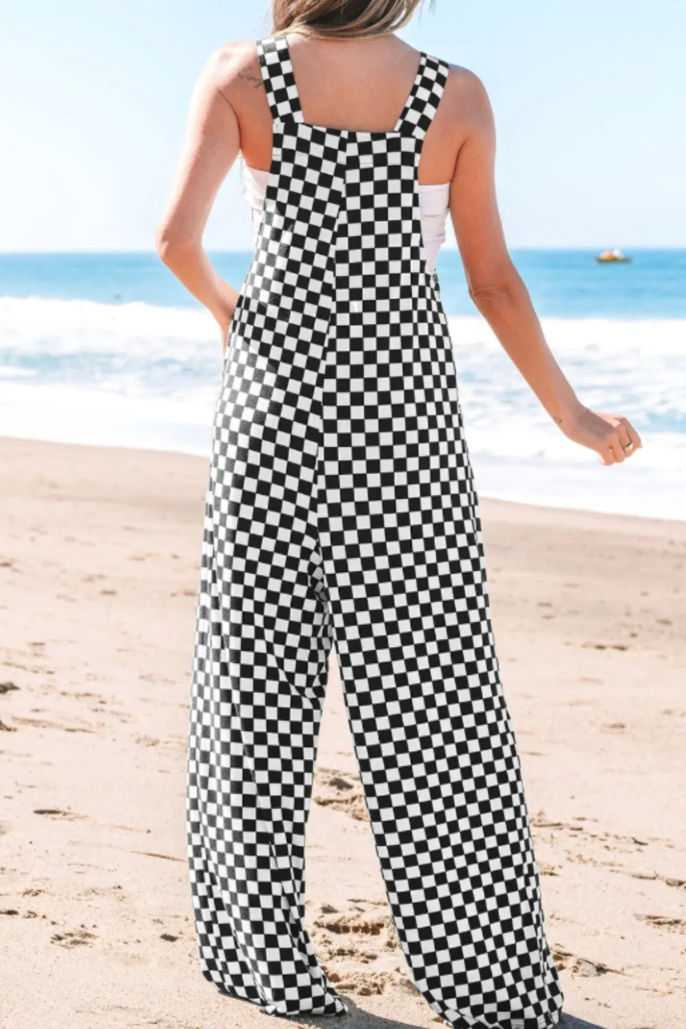 Checkered Print Pocketed Wide Leg Jumpsuit - Roe Creation