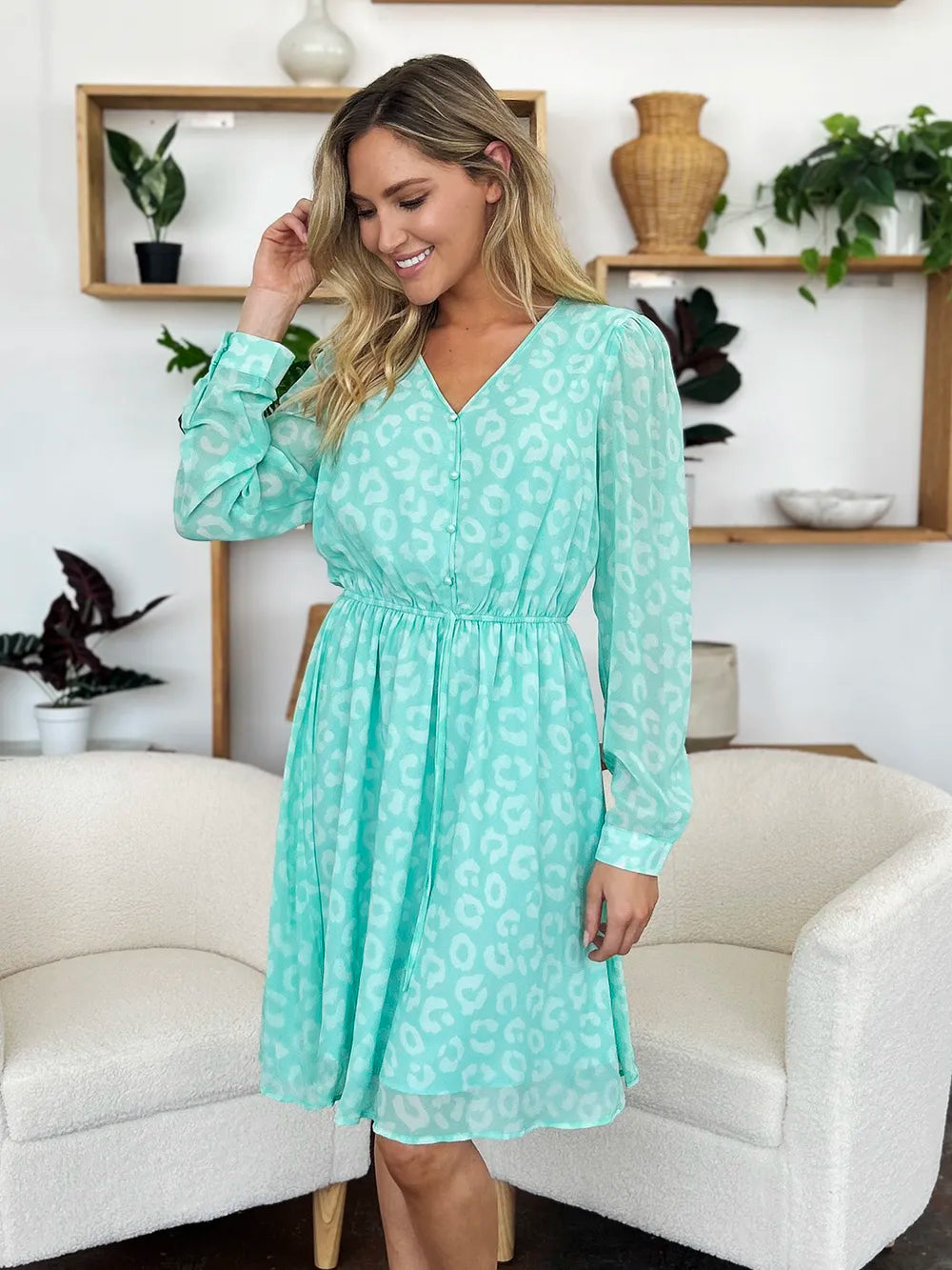 Double Take Full Size Printed Ruched V-Neck Long Sleeve Dress - Roe Creation