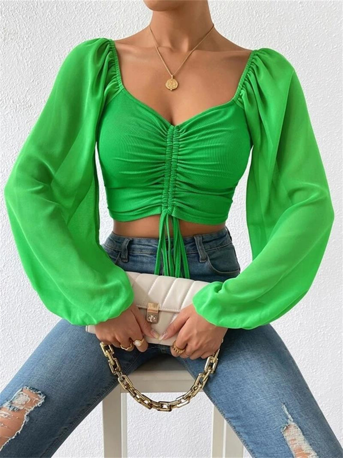 Sweetheart Neck Cropped Top with Drawstring – Trendy Summer Blouse for Women - Roe Creation
