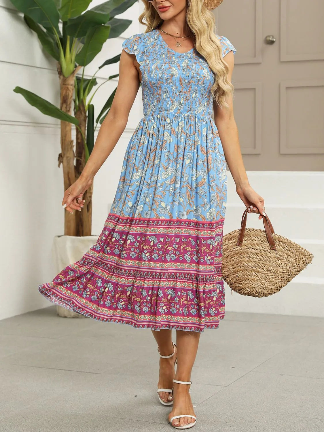 Printed Round Neck Cap Sleeve Dress - Roe Creation