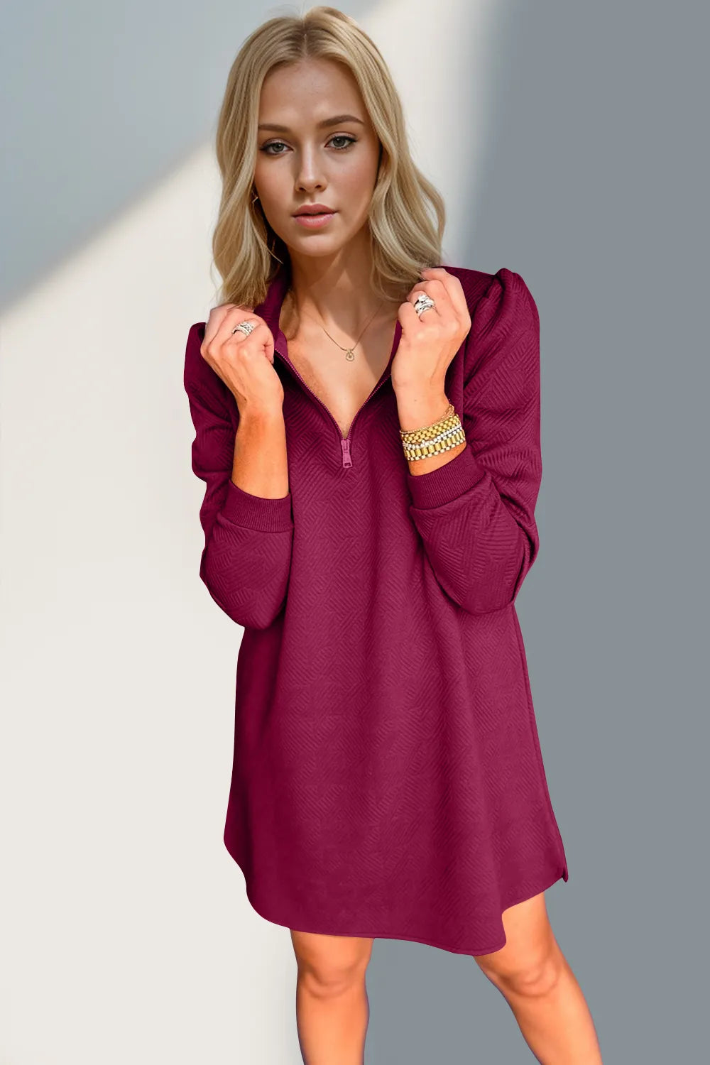 Double Take Textured Quarter Zip Long Sleeve Dress - Roe Creation