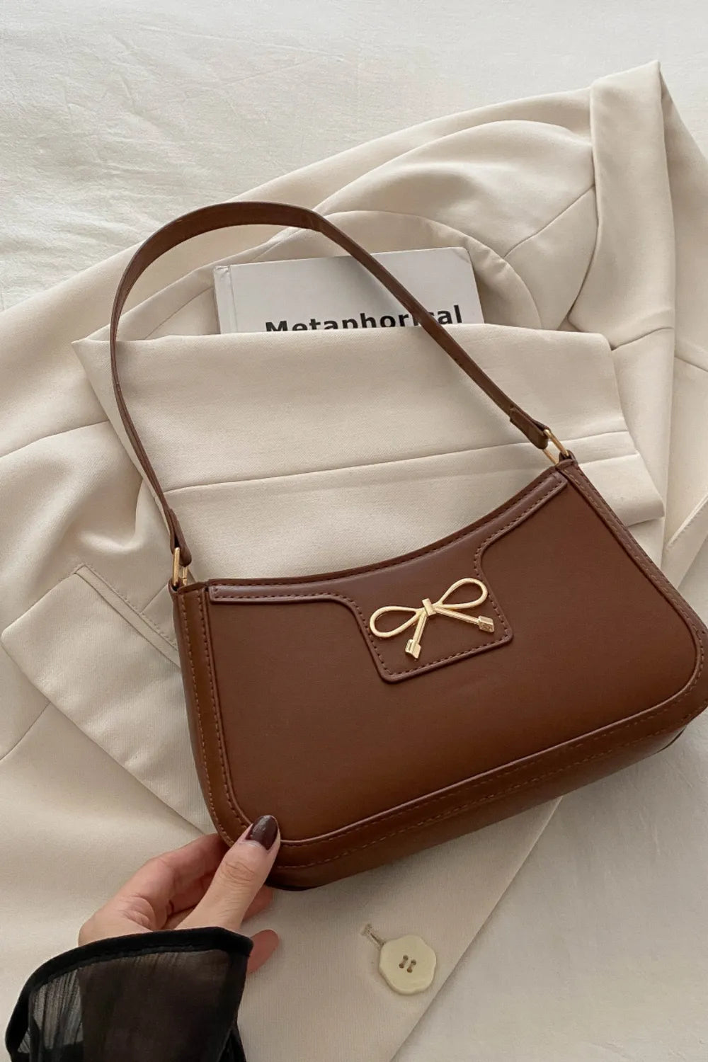 Bow Trim PU Leather Shoulder Bag - Roe Creation