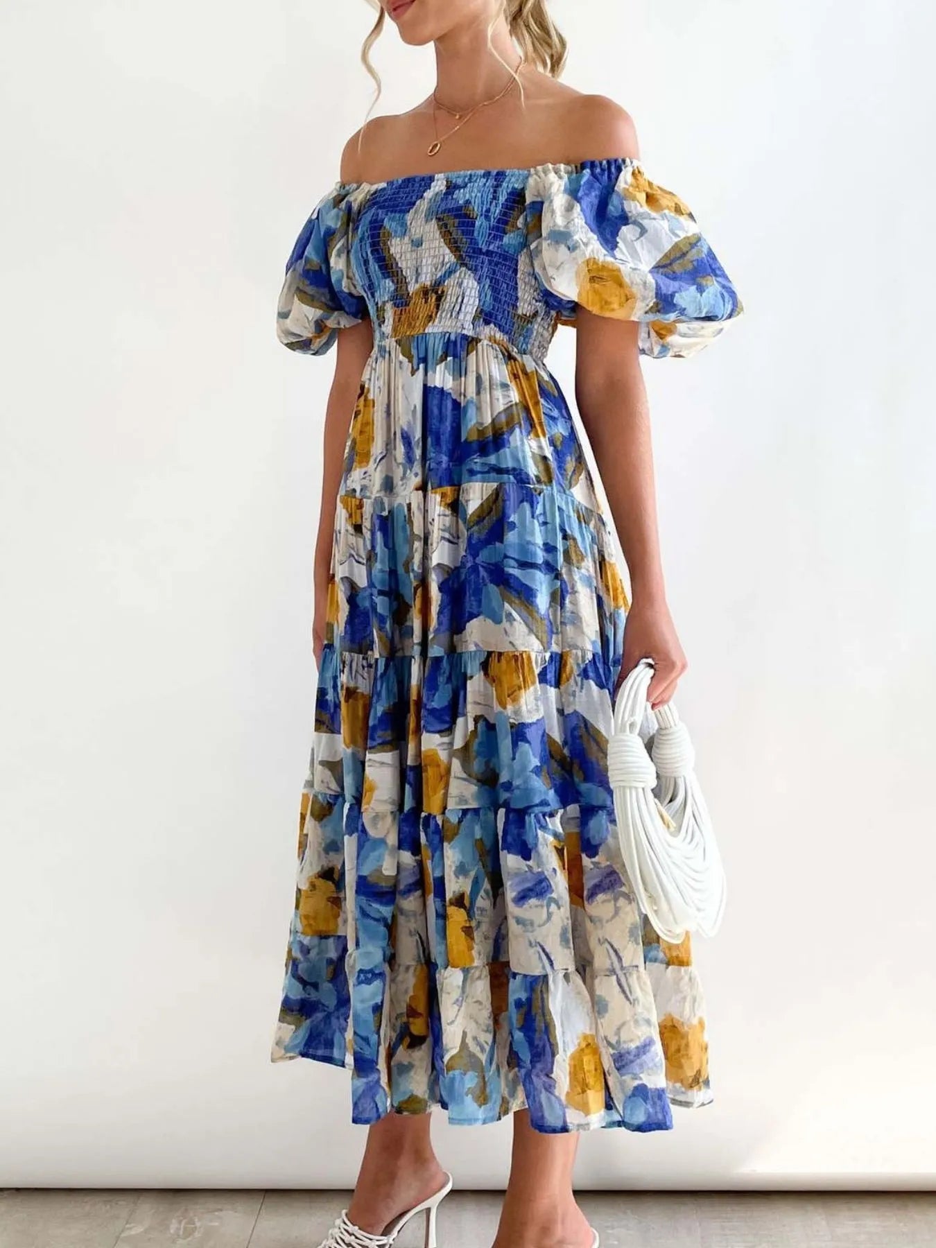 Floral Smocked Puff Sleeve Tiered Dress - Roe Creation