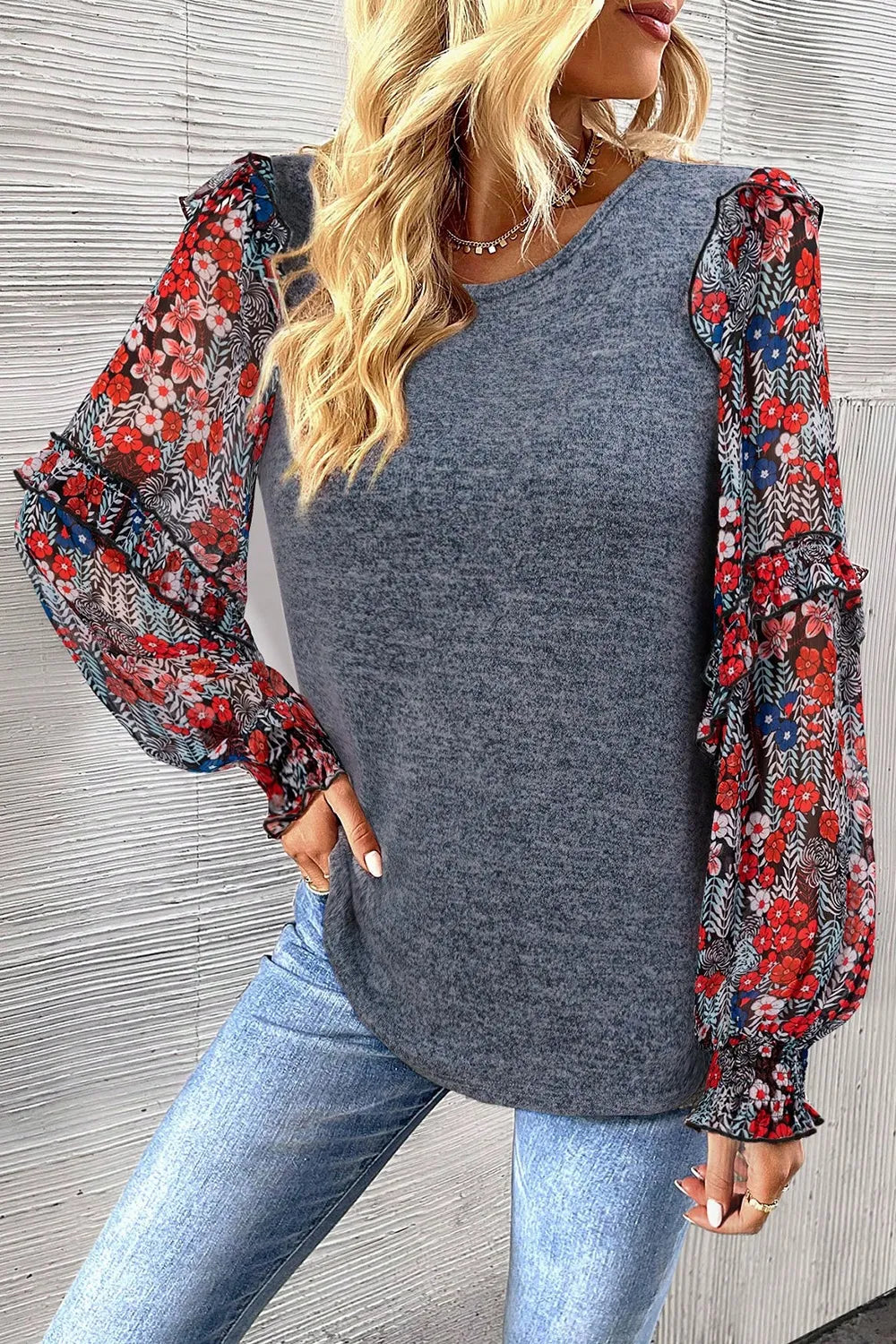 Heathered Floral Frill Lantern Sleeve Blouse - Roe Creation