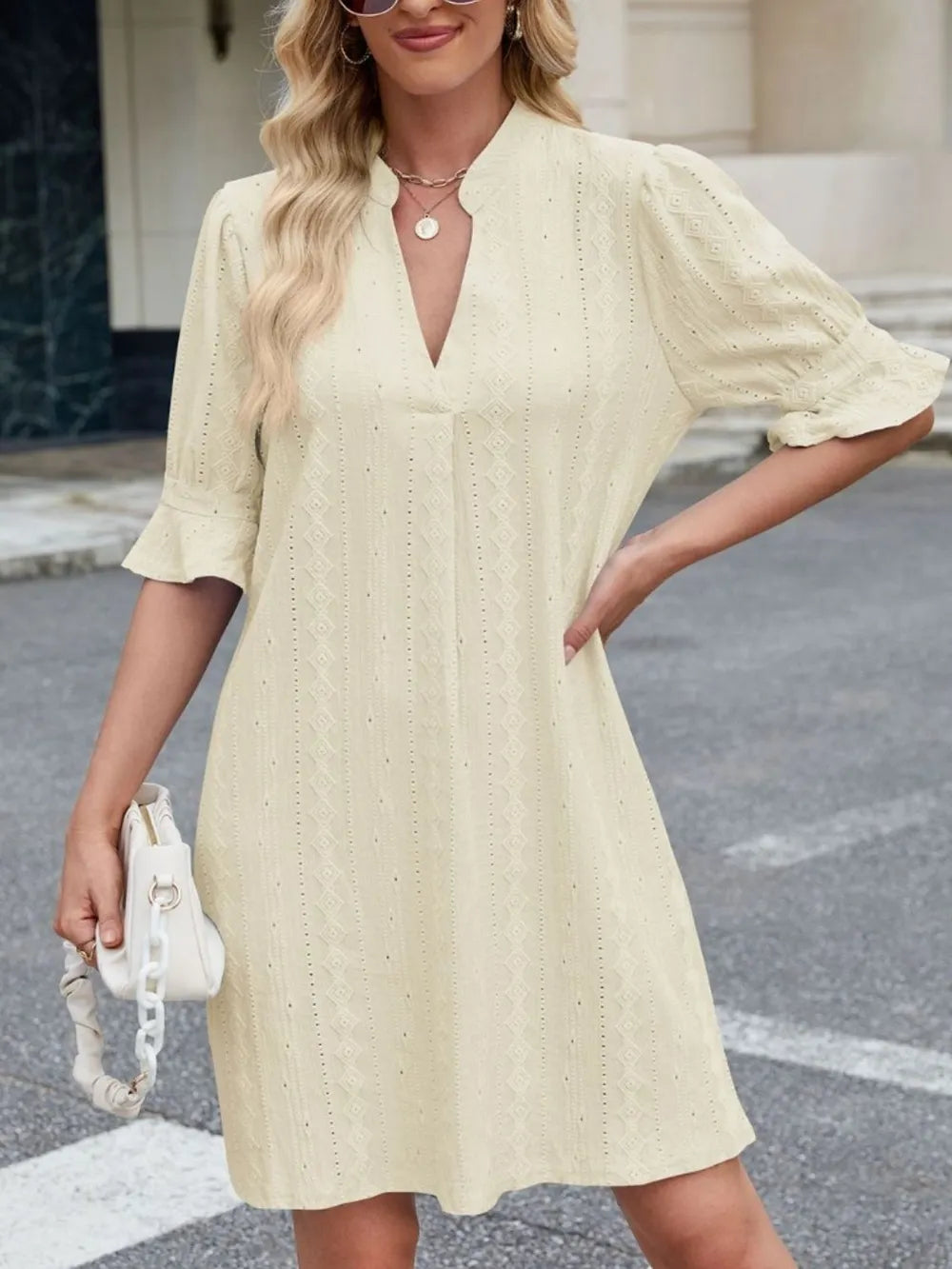 Eyelet Flounce Sleeve Mini Dress - Roe Creation