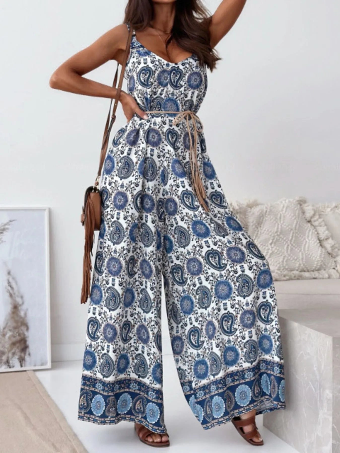 Paisley Print Spaghetti Strap Wide Leg Jumpsuit - Roe Creation