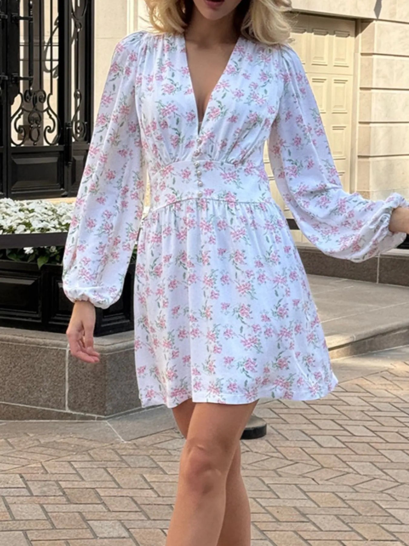 Floral Print Balloon Sleeve Dress - Roe Creation
