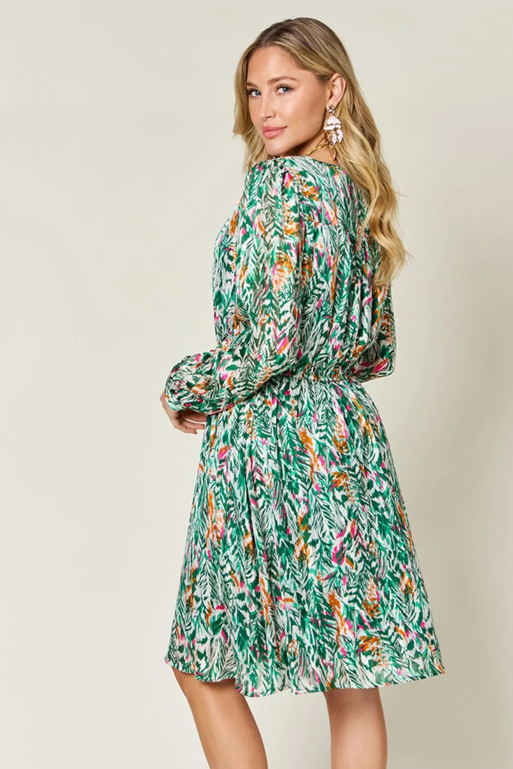 Double Take Full Size Printed Drawstring Waist Long Sleeve Dress - Roe Creation